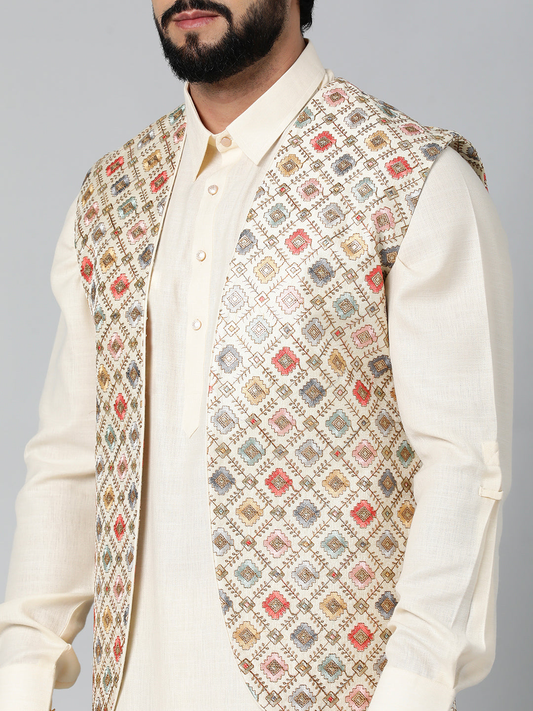 Cream Ethnic Jacket With Pathani Set