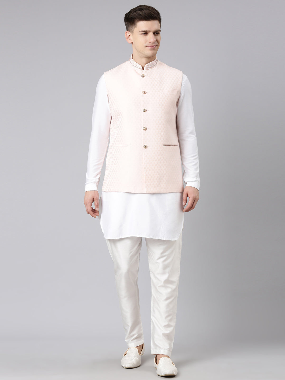 Peach Jacquard Jacket Kurta Set