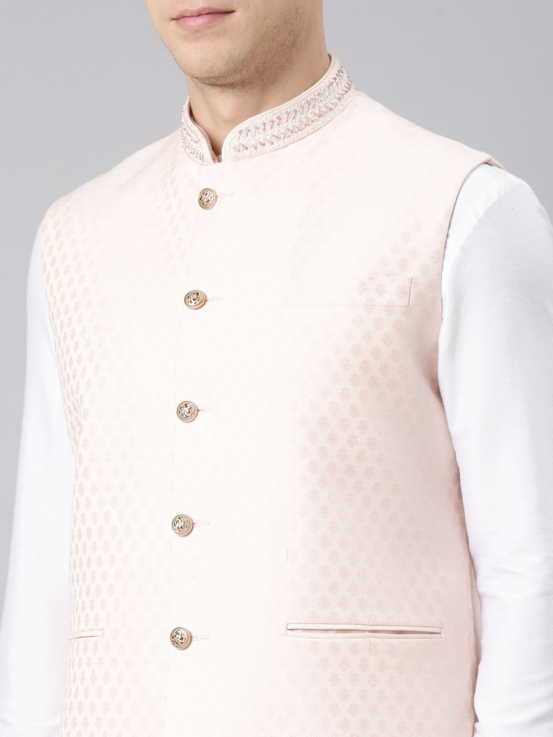 Peach Jacquard Jacket Kurta Set