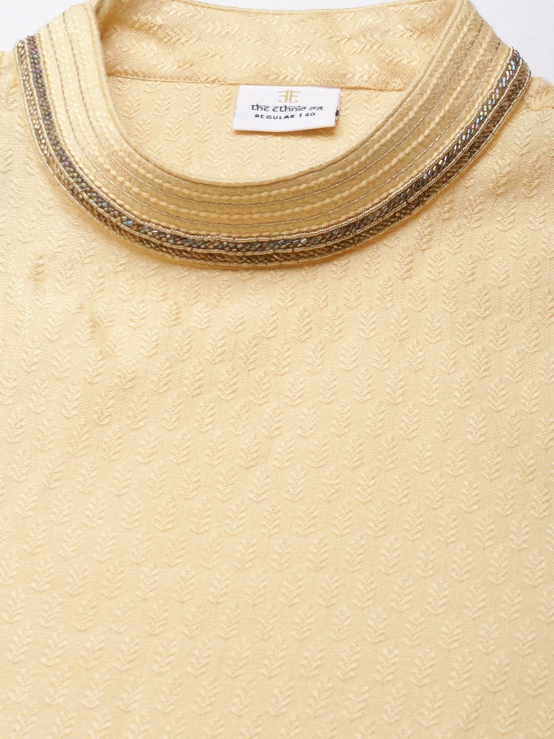 JACQUARD ANGRAKHA STYLE YELLOW KURTA WITH SIDE PLACKET