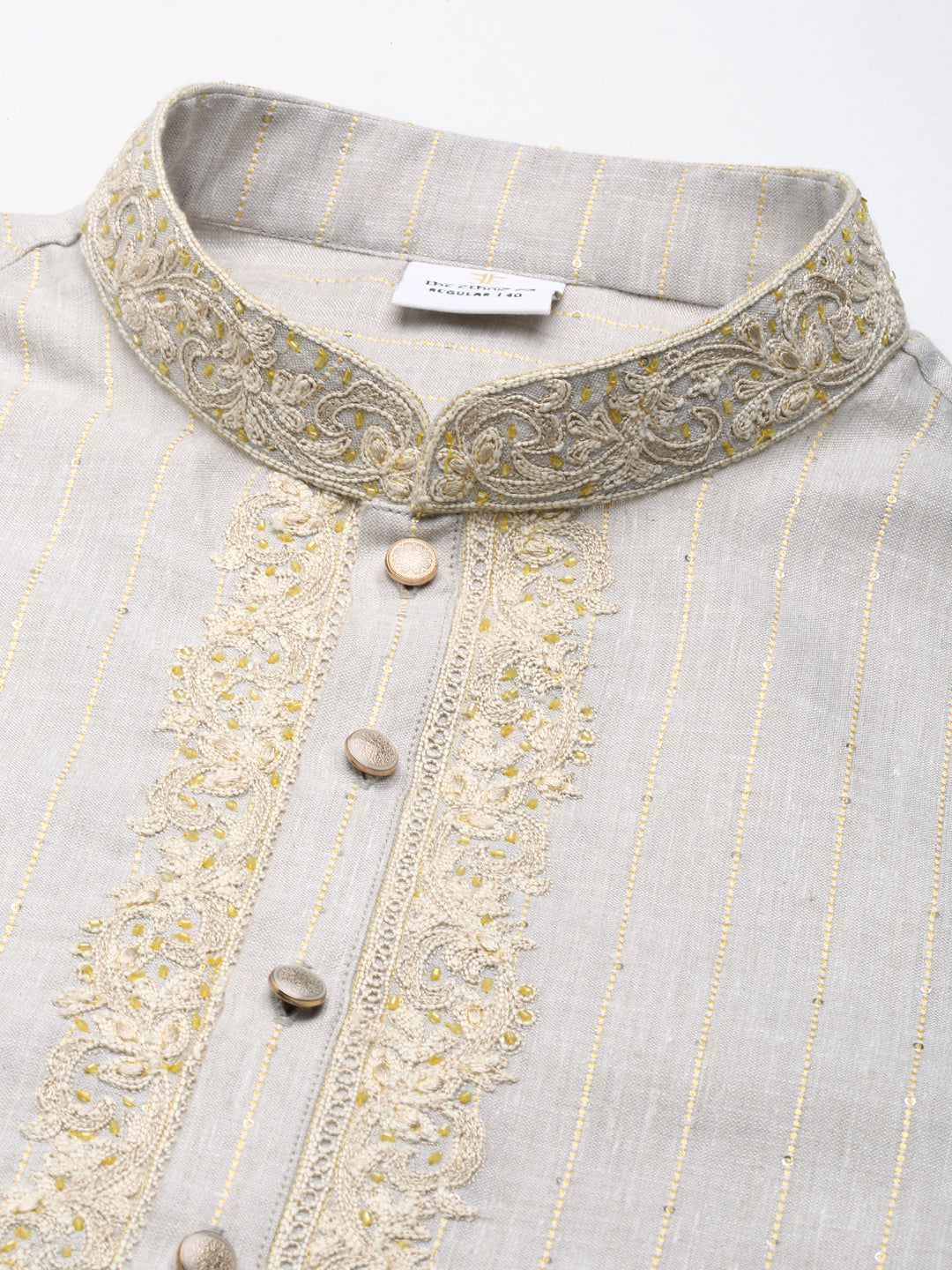Beige Yellow Linen Embroidered Kurta
