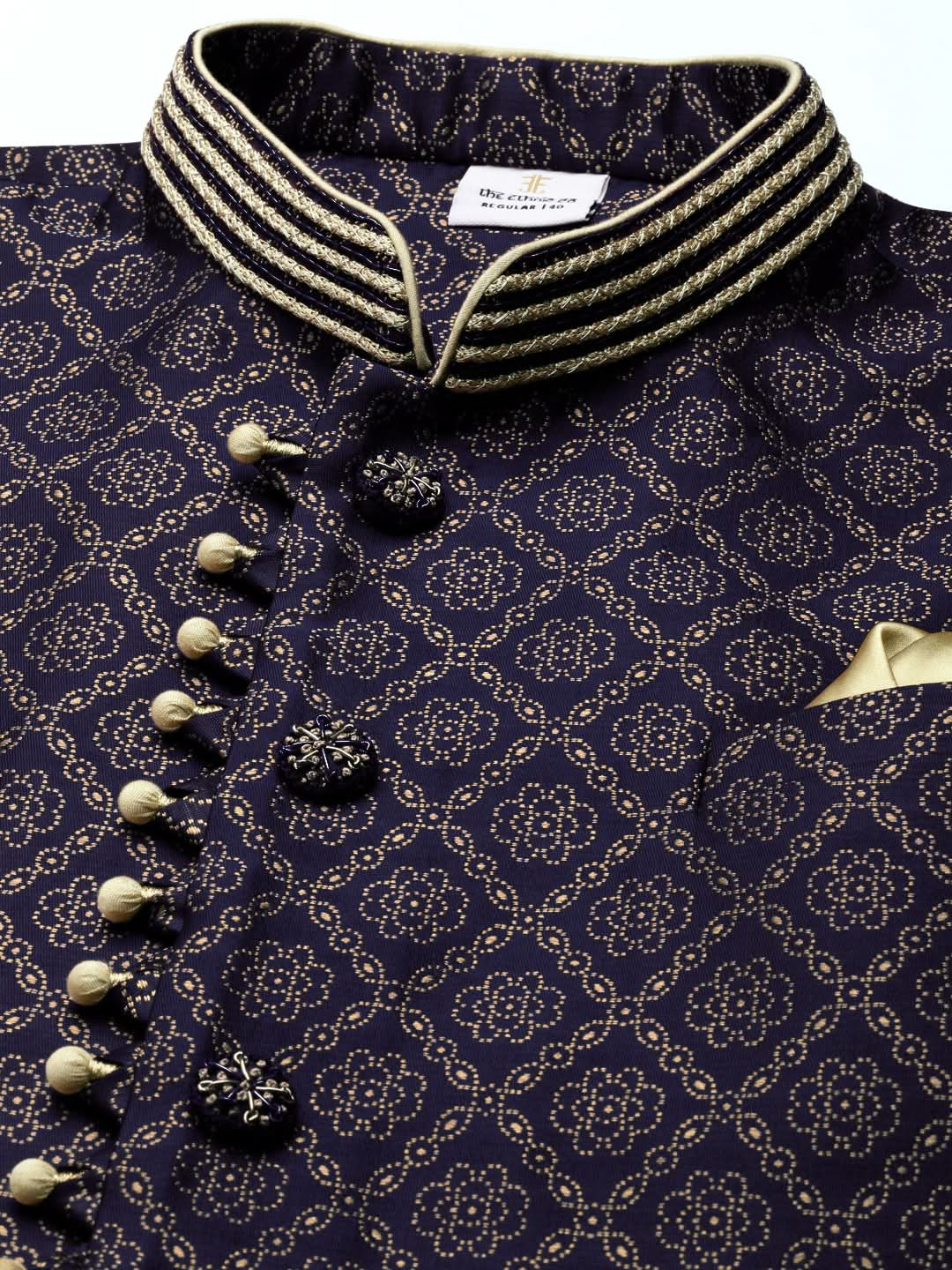 Navy Banarasi Bundi With Gold Kurta Set