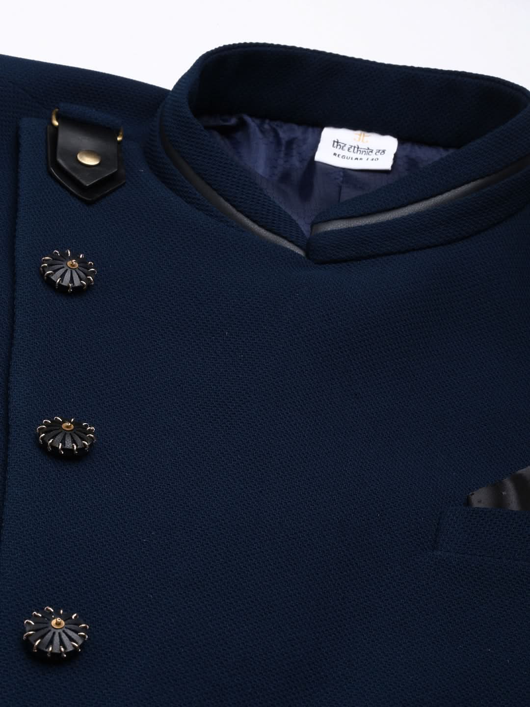 Teal Blue textured Bandhgala with leather detailing