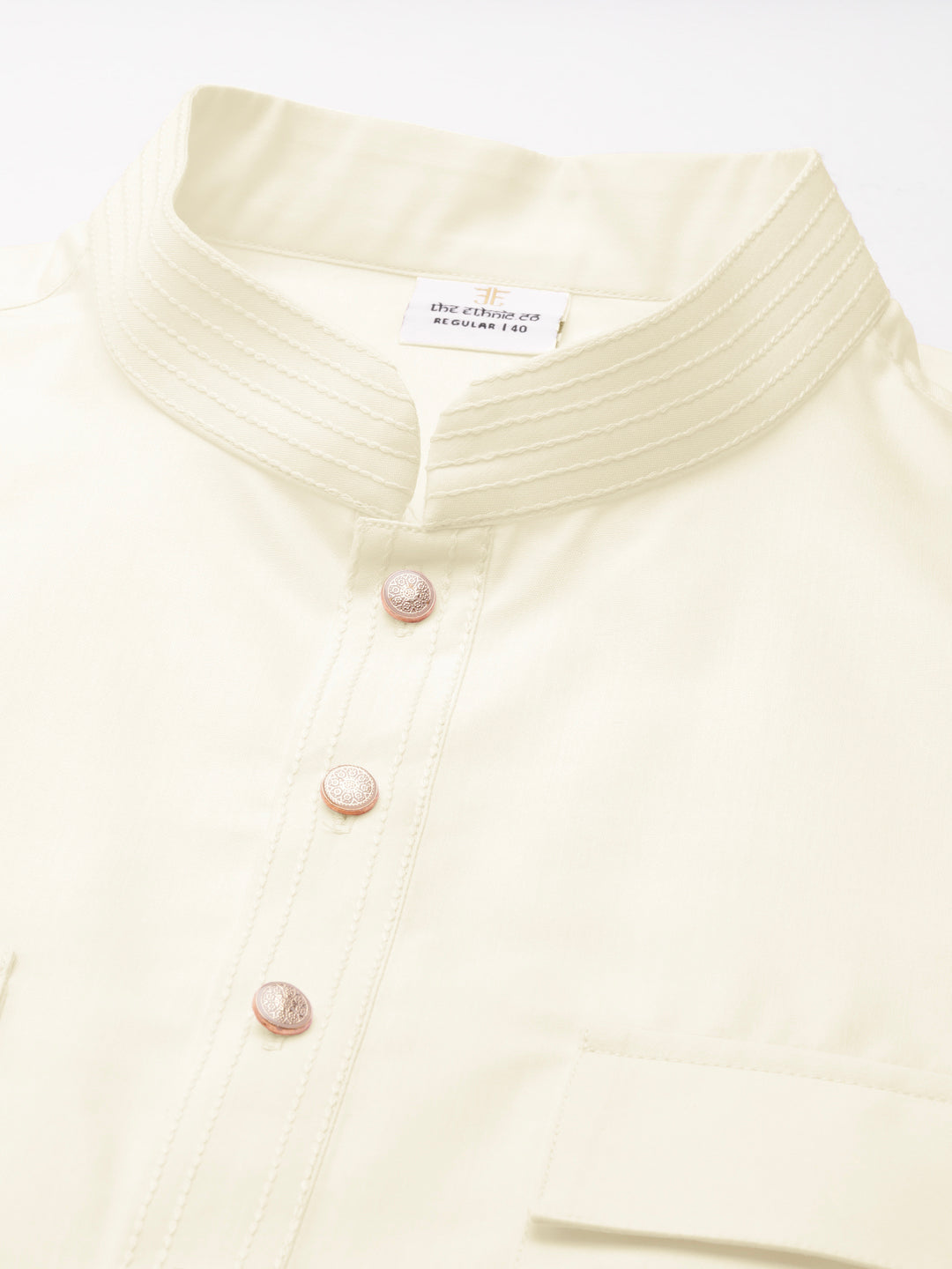 Cream Pure Cotton Pathani Kurta Set with Patch Pocket