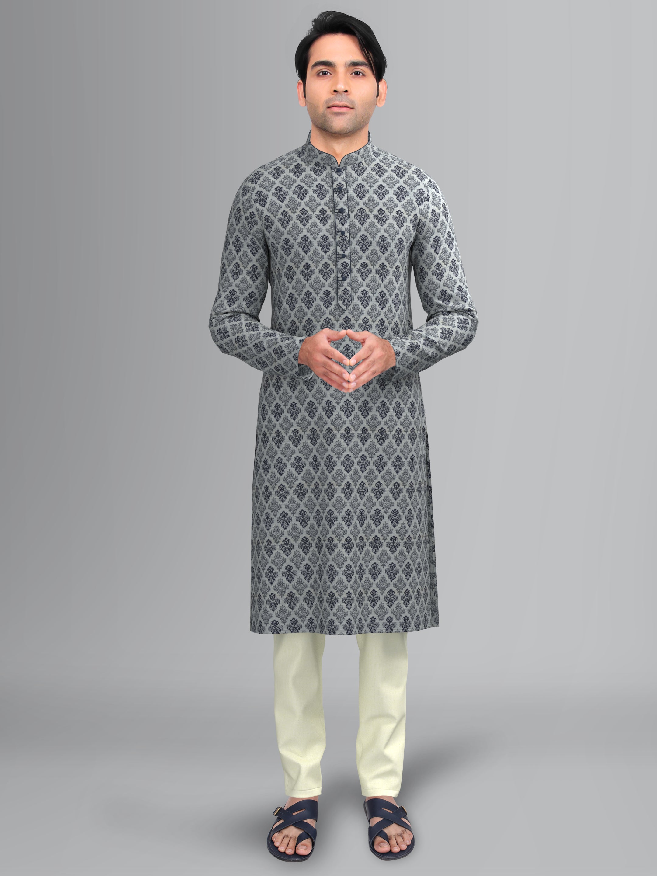 Ivory with Navy Blue Chanderi Silk Kurta Set