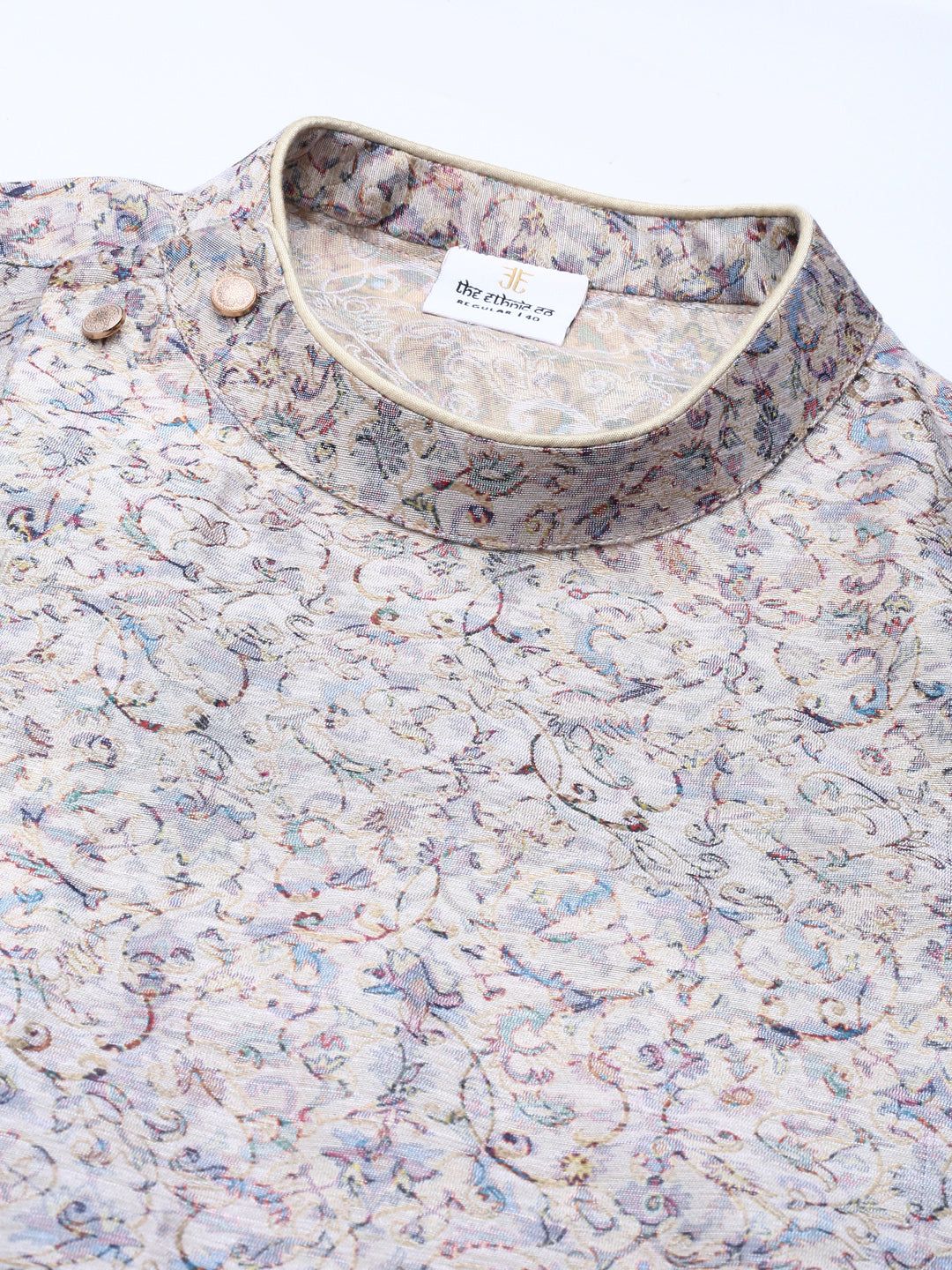 Cream Floral Block Printed Angrakha Full Open Chanderi Silk kurta set