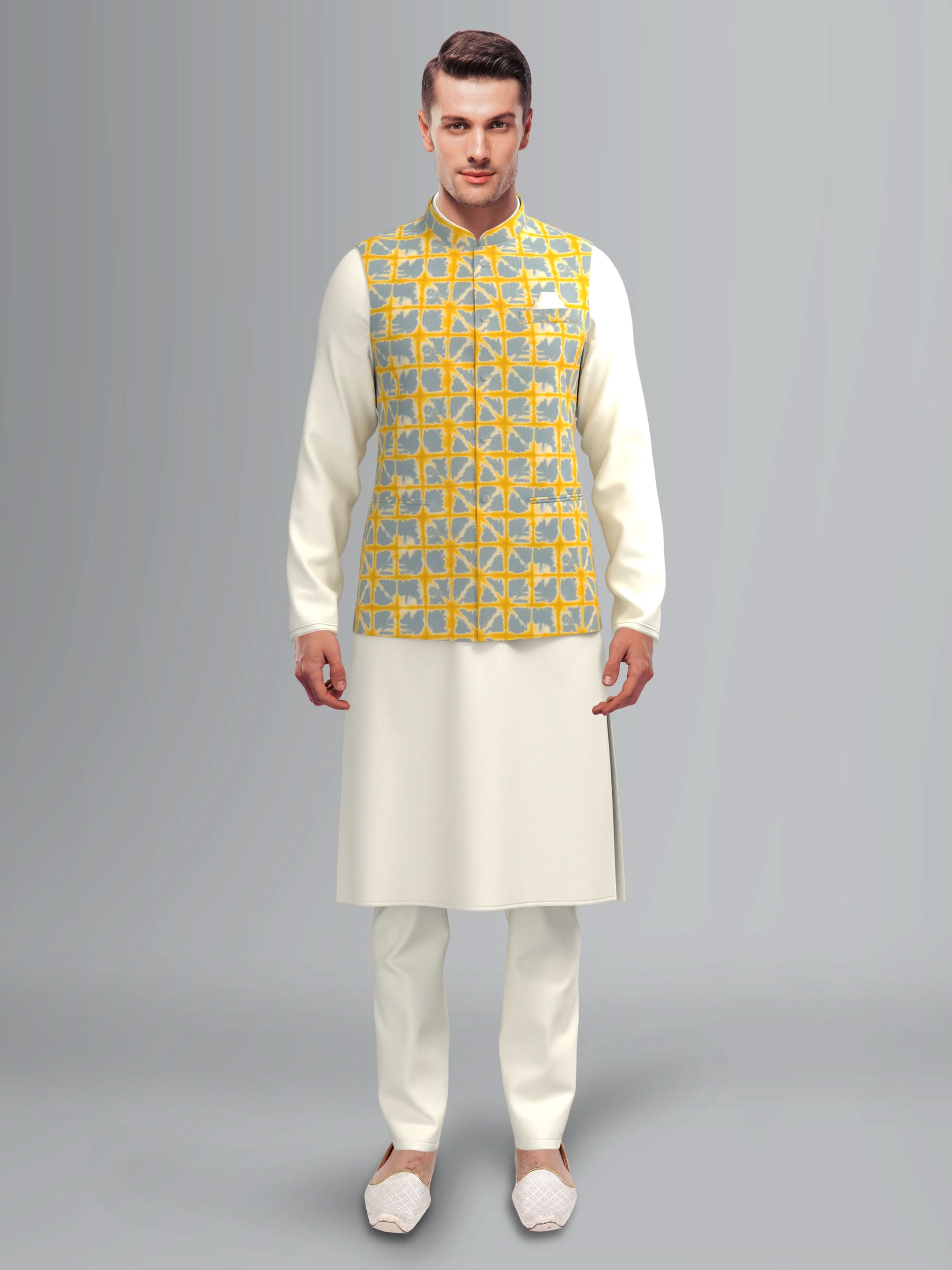 Yellow Grey Tiedye Jacket Kurta Set