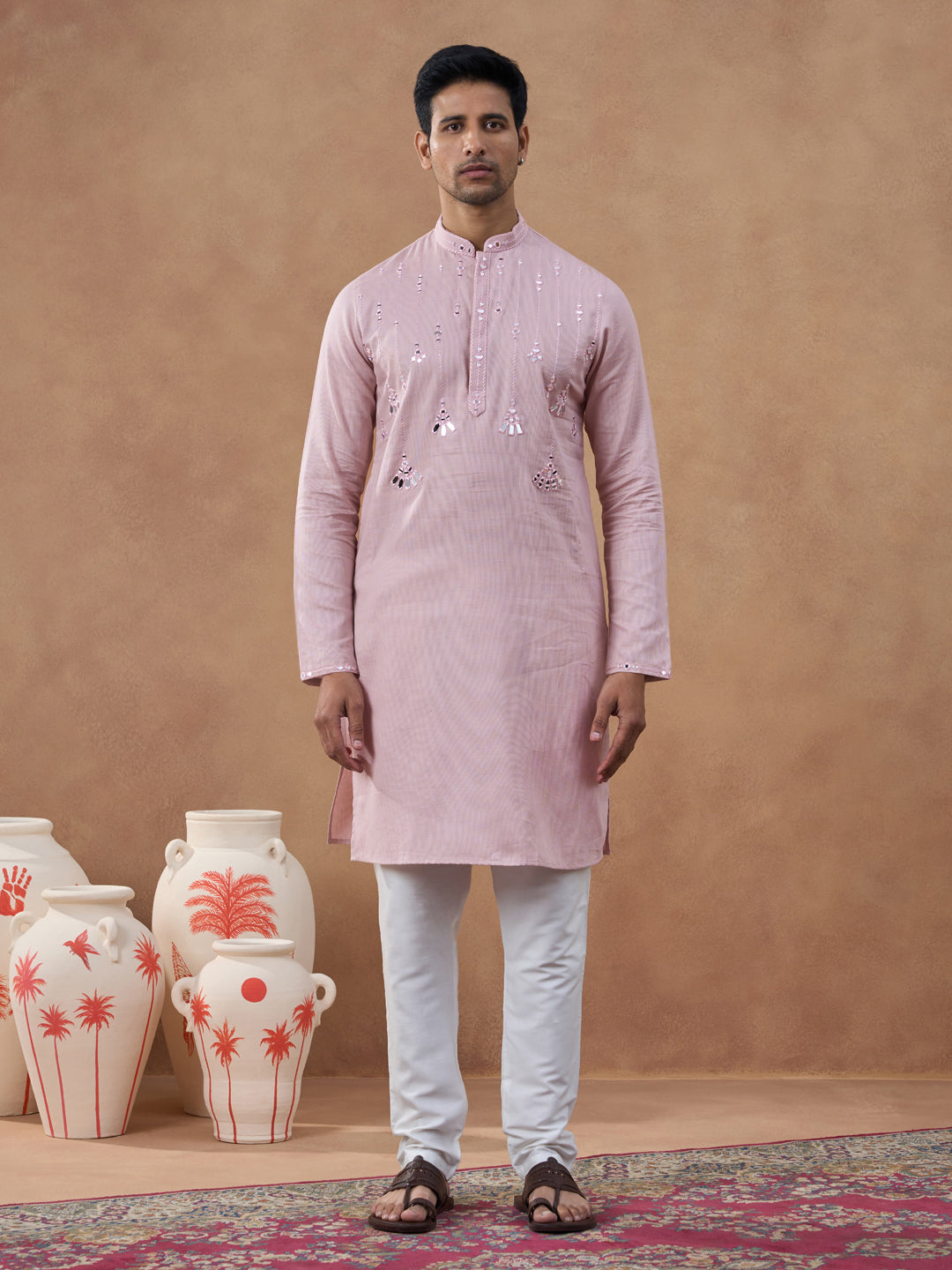 Peach Mirror Embroidered Kurta Set