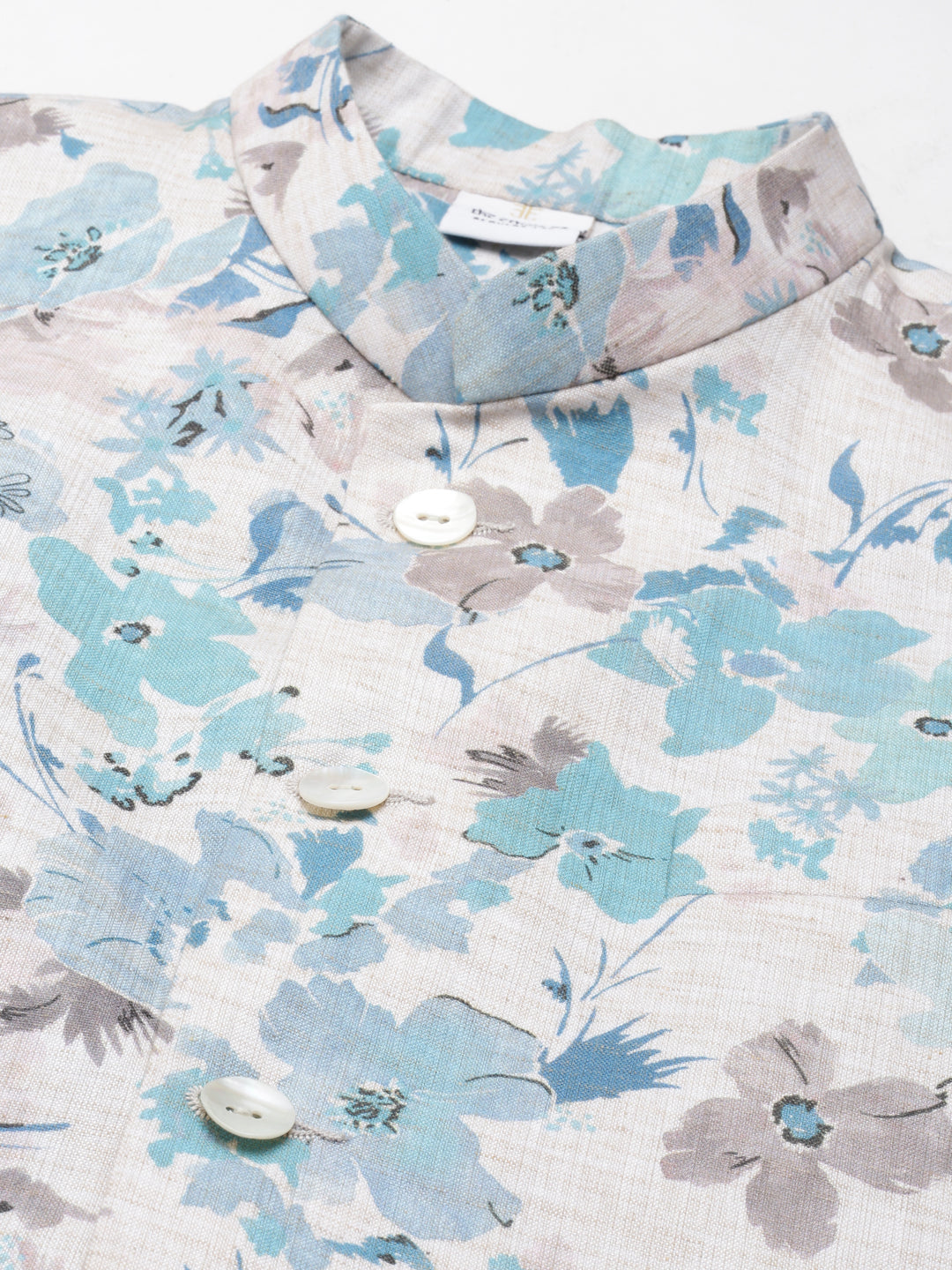 Beige Linen Printed Jacket Kurta Set