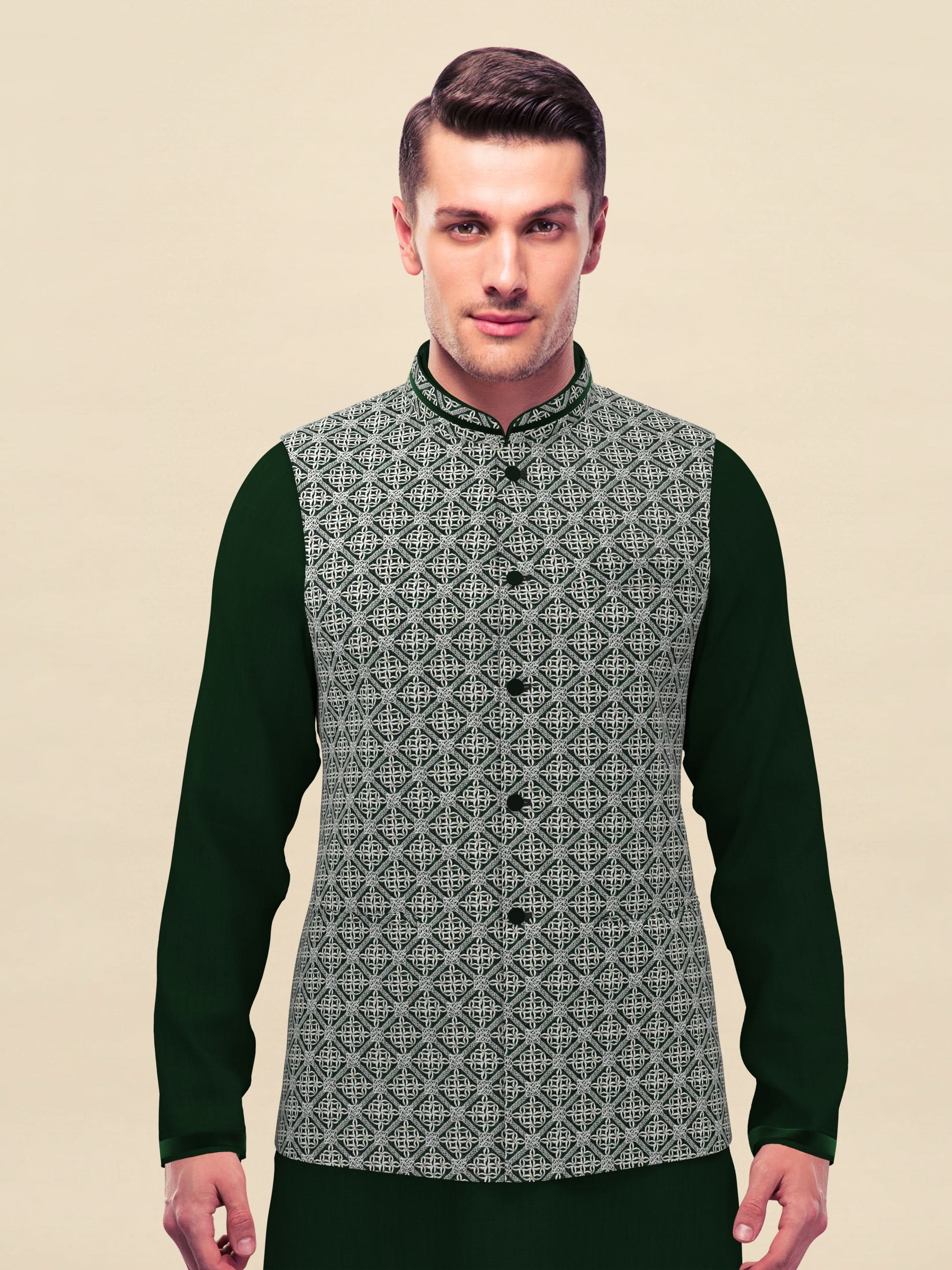Green Velvet Embroideried Jacket With Green Kurta Set