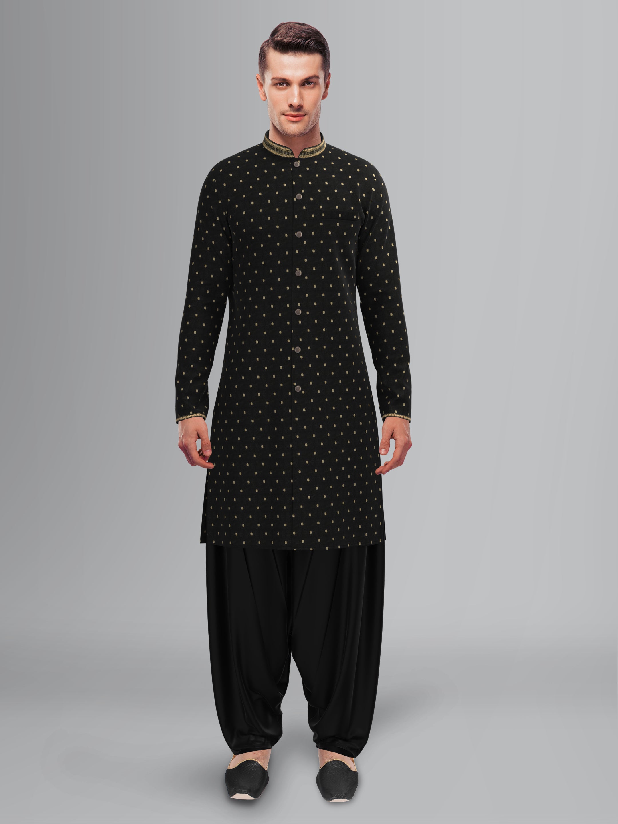 Black Chanderi Front Open Kurta Set