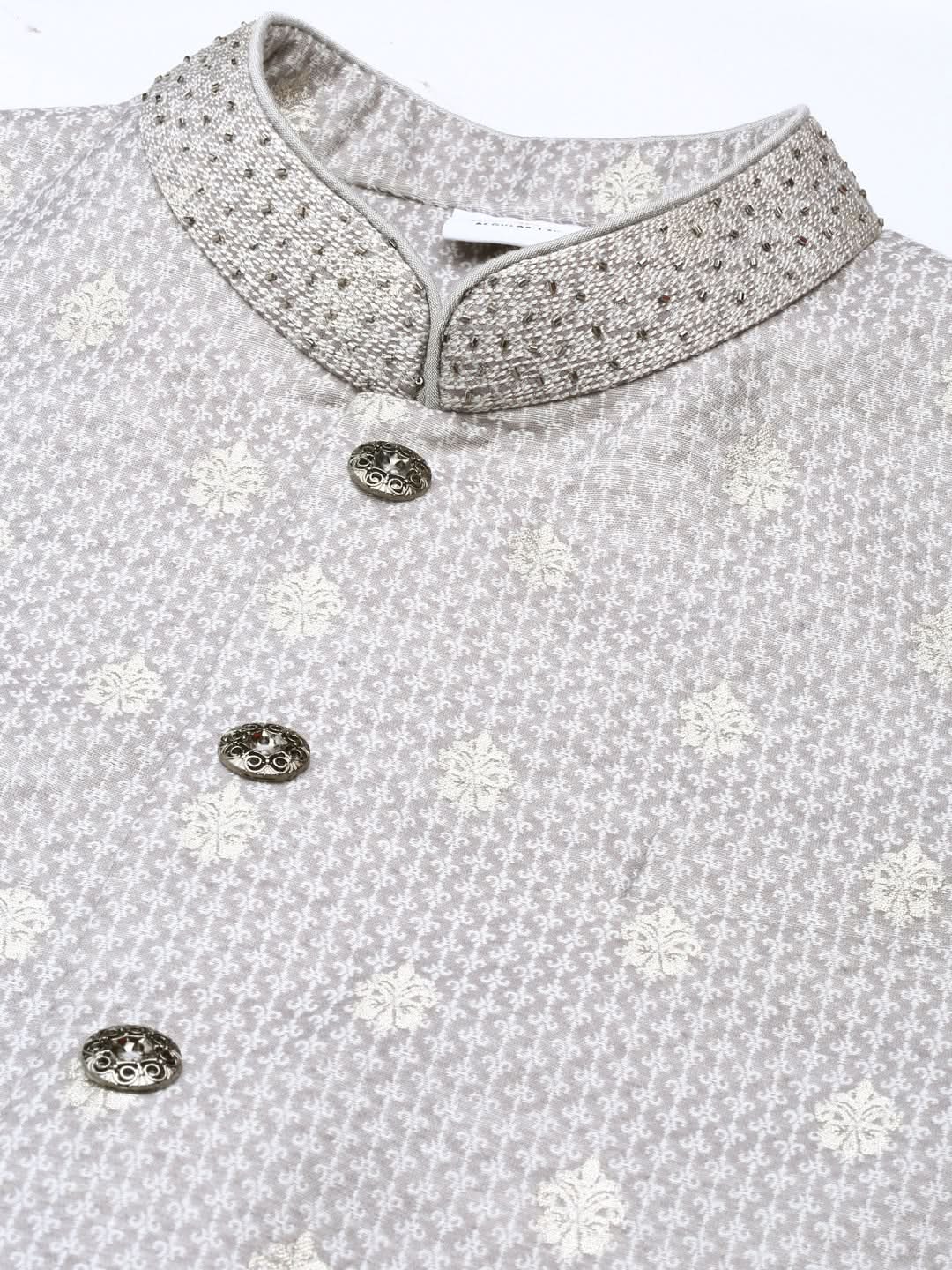 Grey Chanderi Booti Jacket with Kurta Set