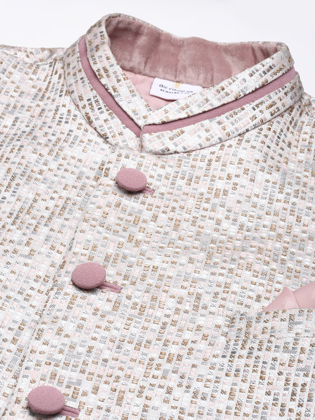 Pink Grey Jacquard Bandhgala Set