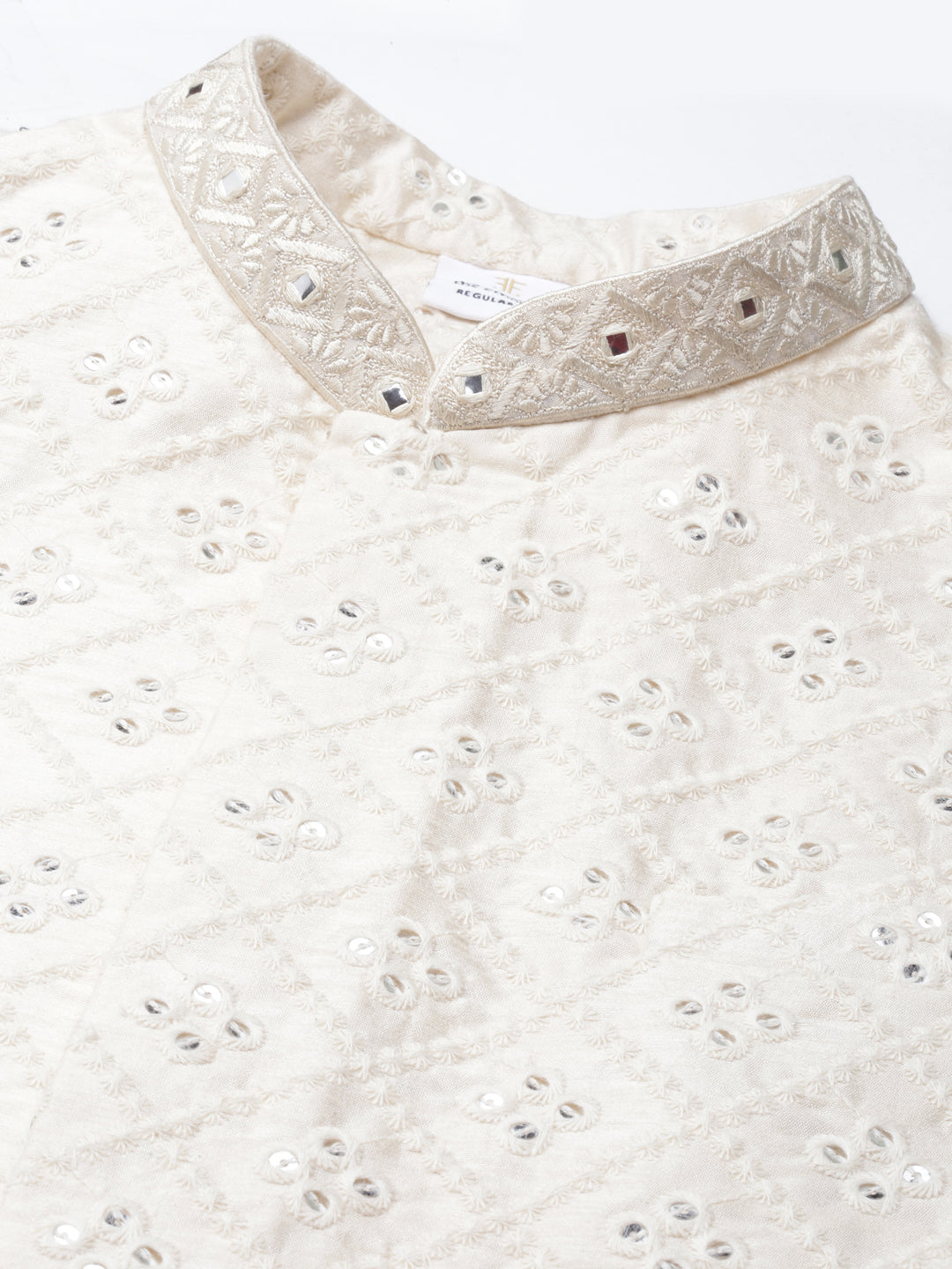 Cream Mirror Embroidery Bundi With Kurta Set