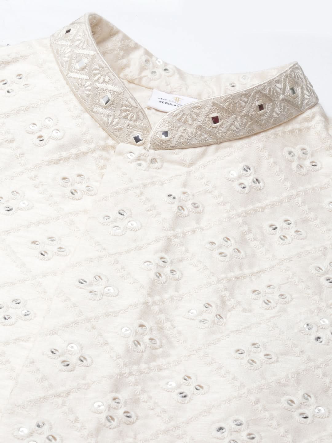 Cream Mirror Embroidery Bundi With Kurta Set