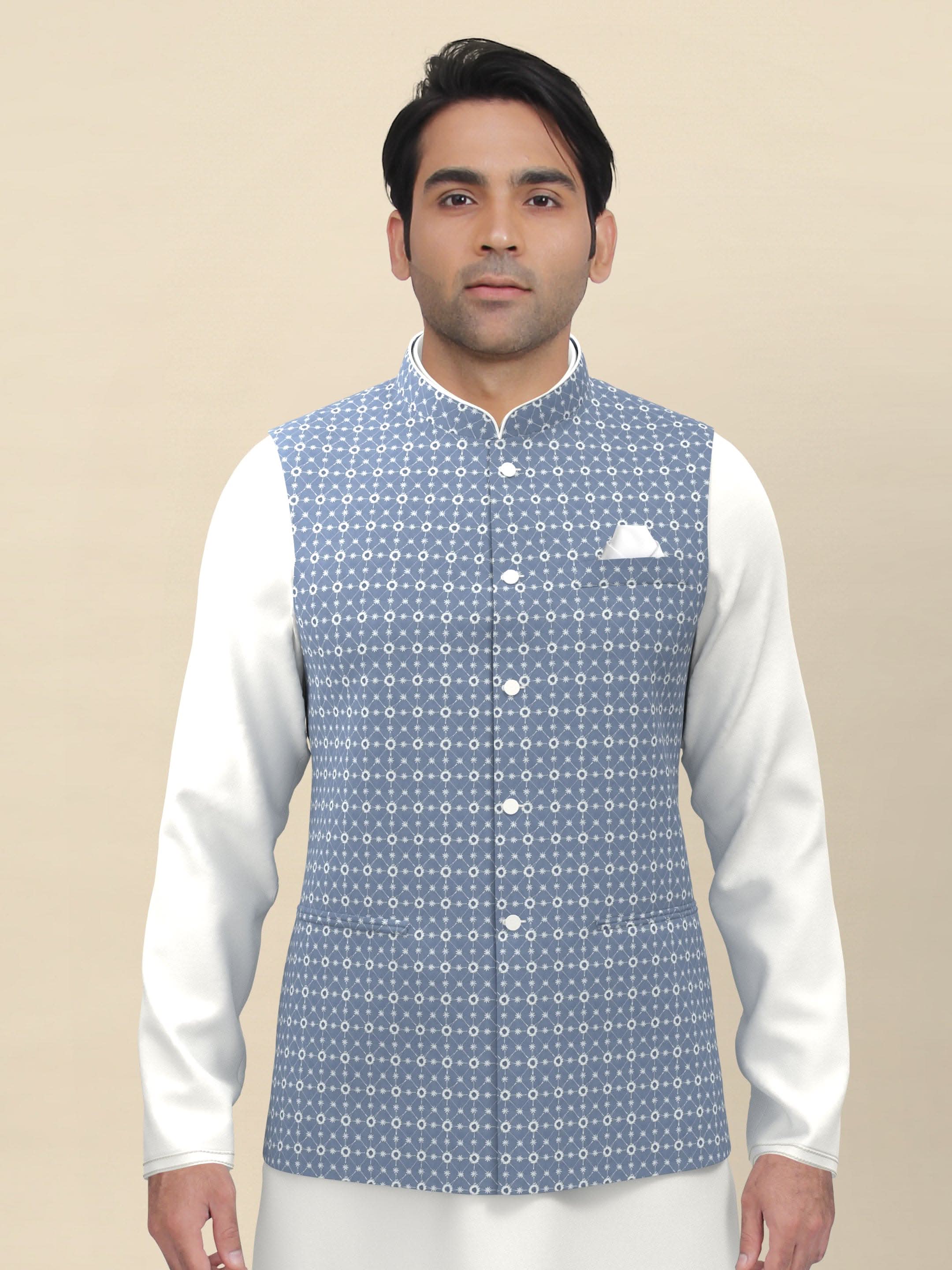 Grey cotton embroidered Jacket Kurta Set