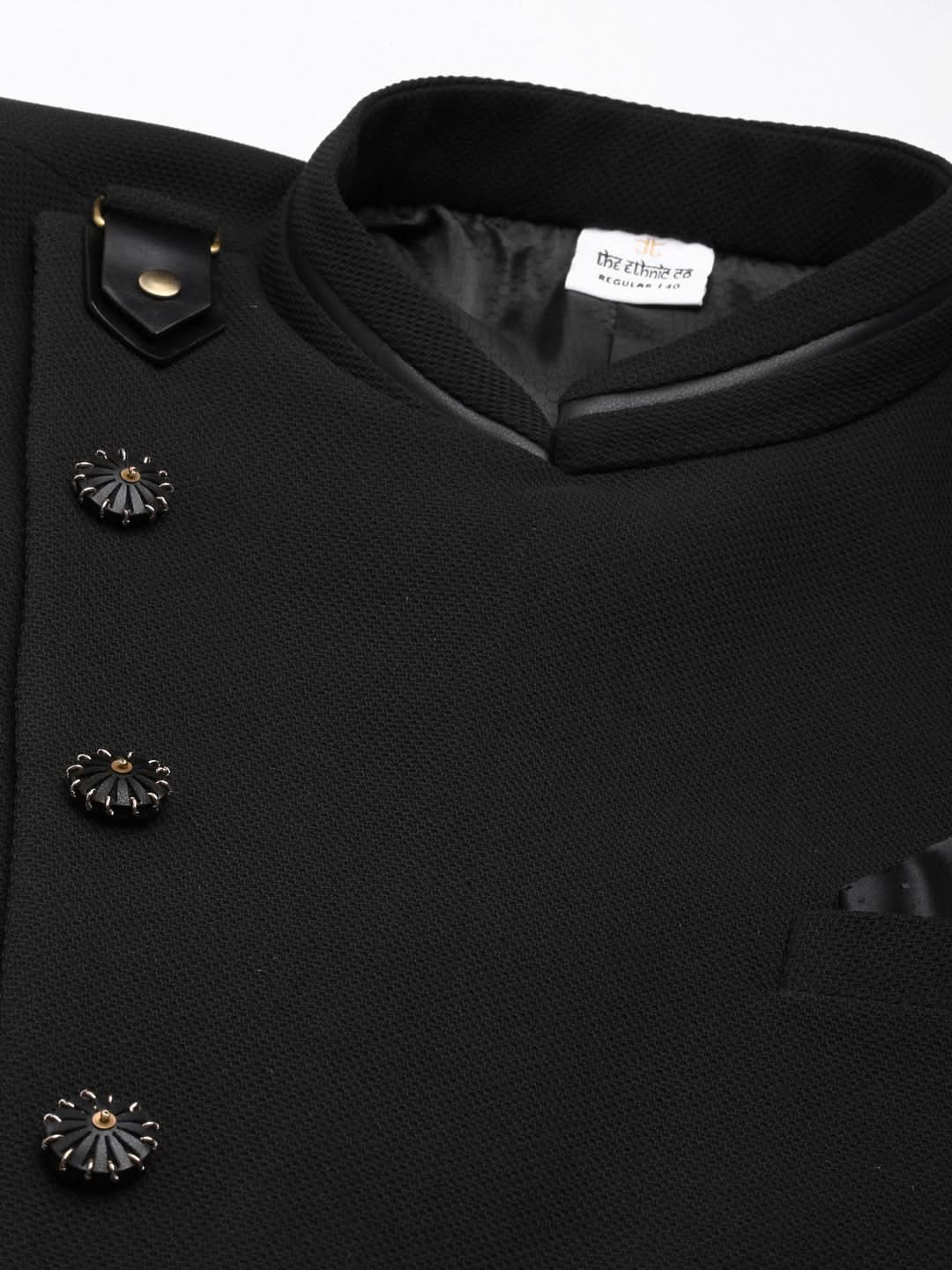 Black textured Bandhgala Set with leather detailing