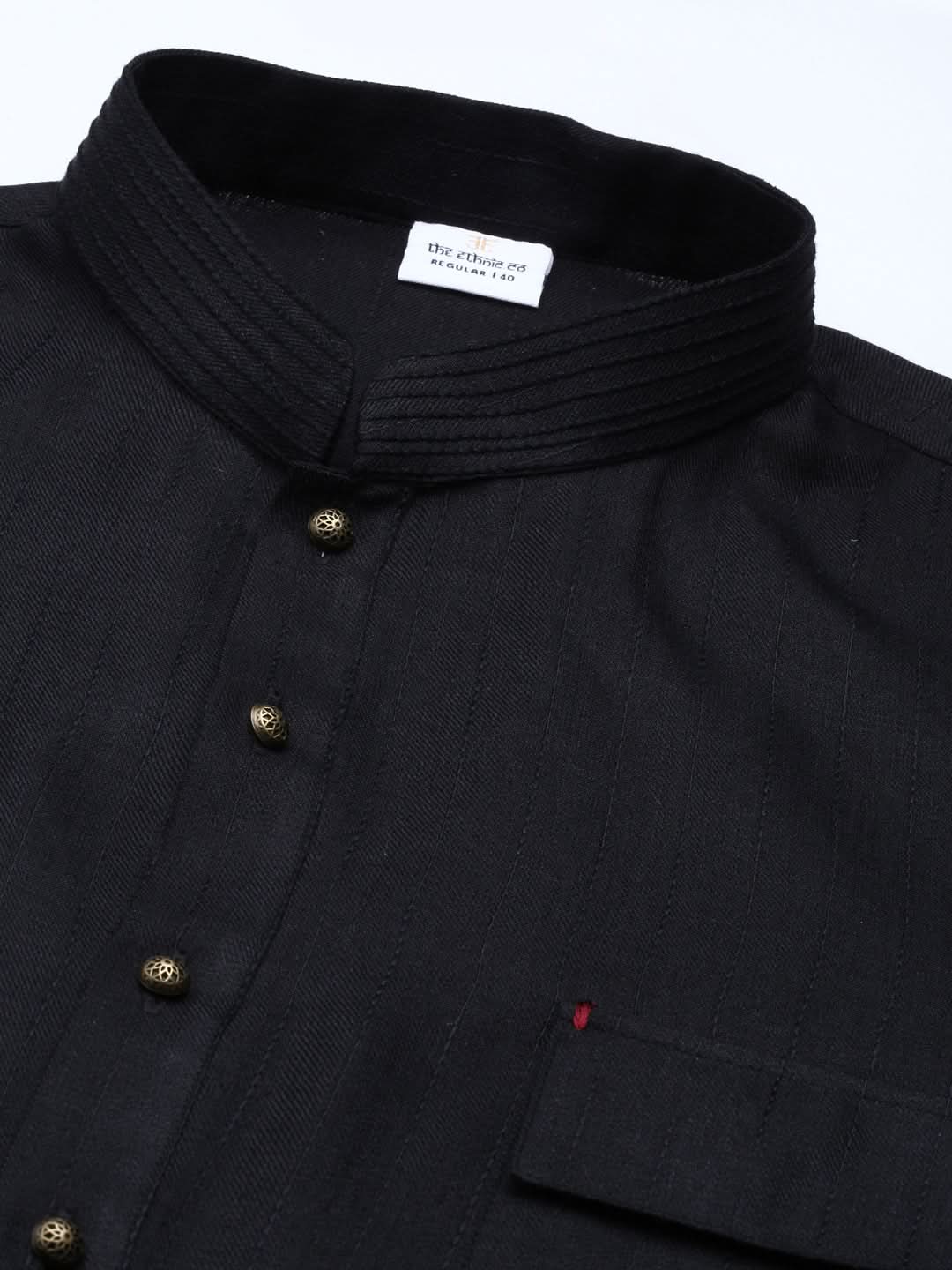 Black Cotton Pathani Kurta Set with Patch pocket