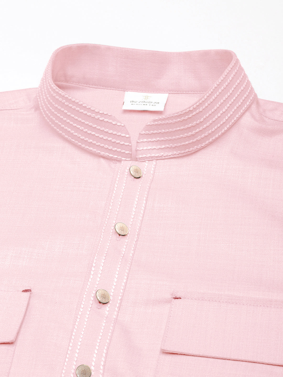 Baby Pink Pure Cotton Pathani Kurta Set with Patch pocket