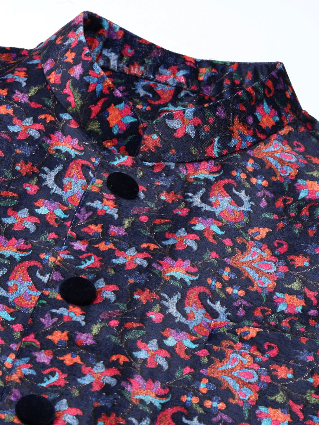 Midnight Blue Velvet Pashmina Printed Jacket With Pink Kurta