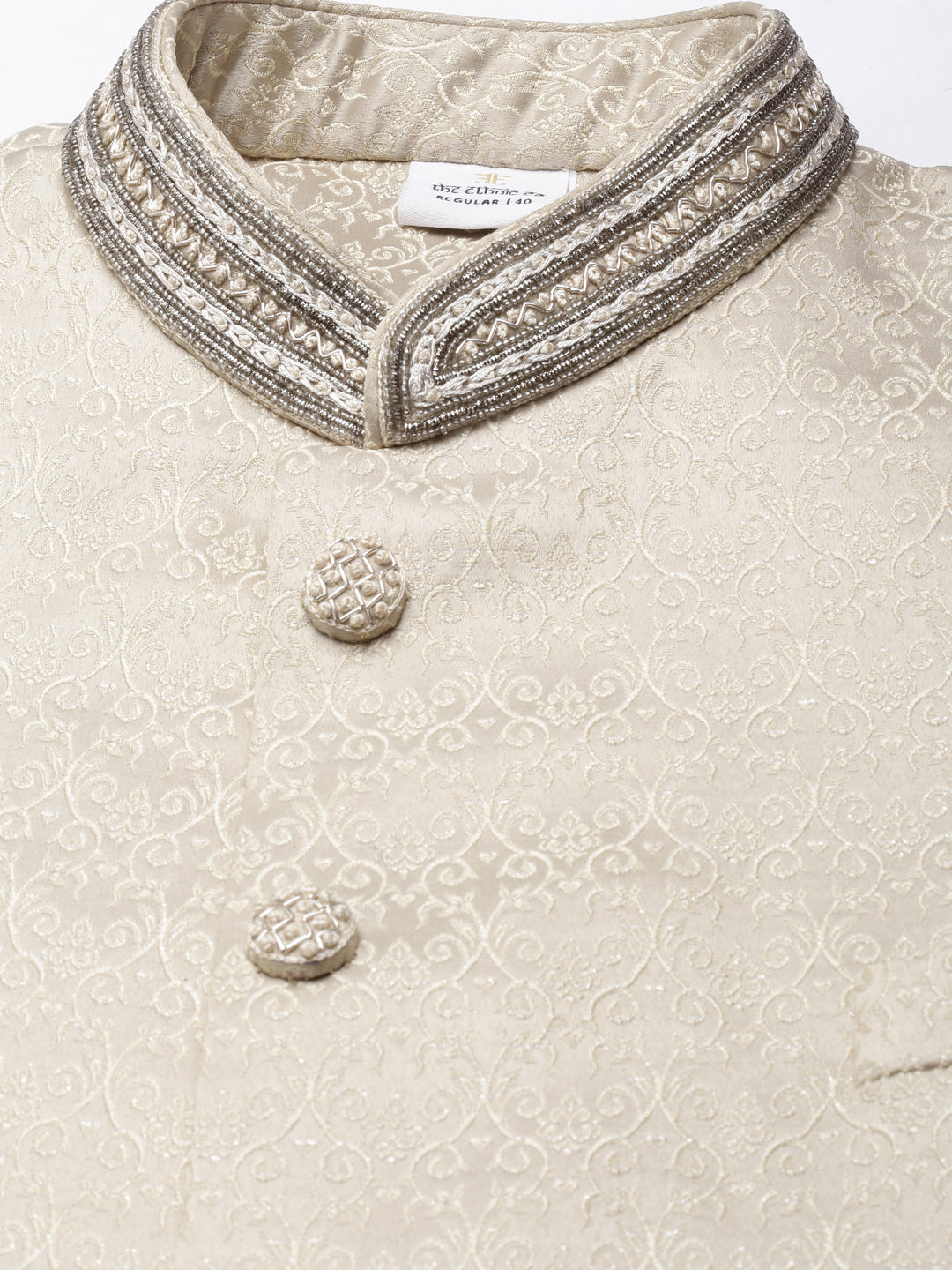 Beige Gold Jacquard Achkan Set