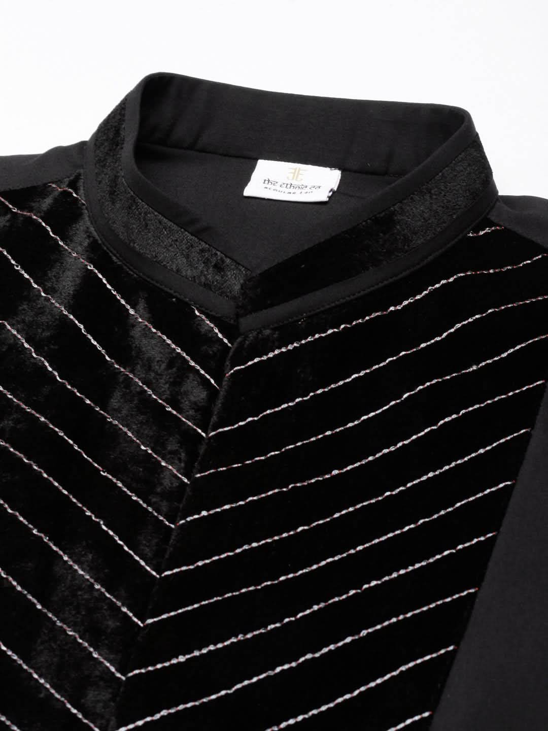 Black Cotton With Velvet Detailing Kurta Set