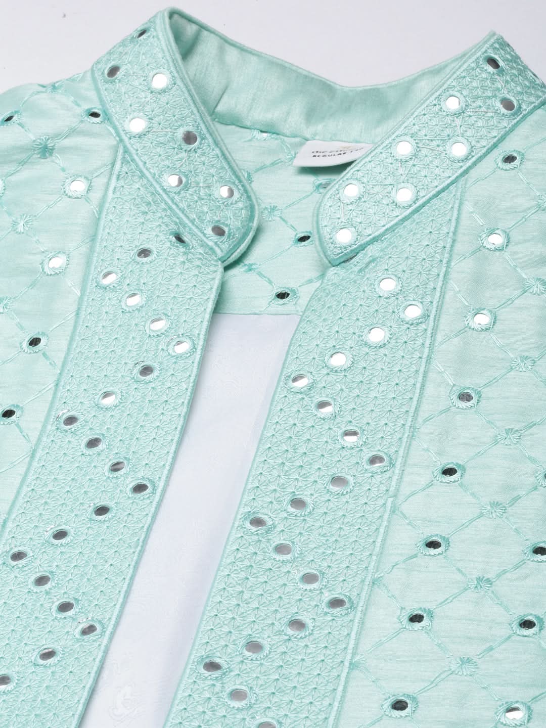 Turquise Mirror Embroidery open Jacket Kurta Set