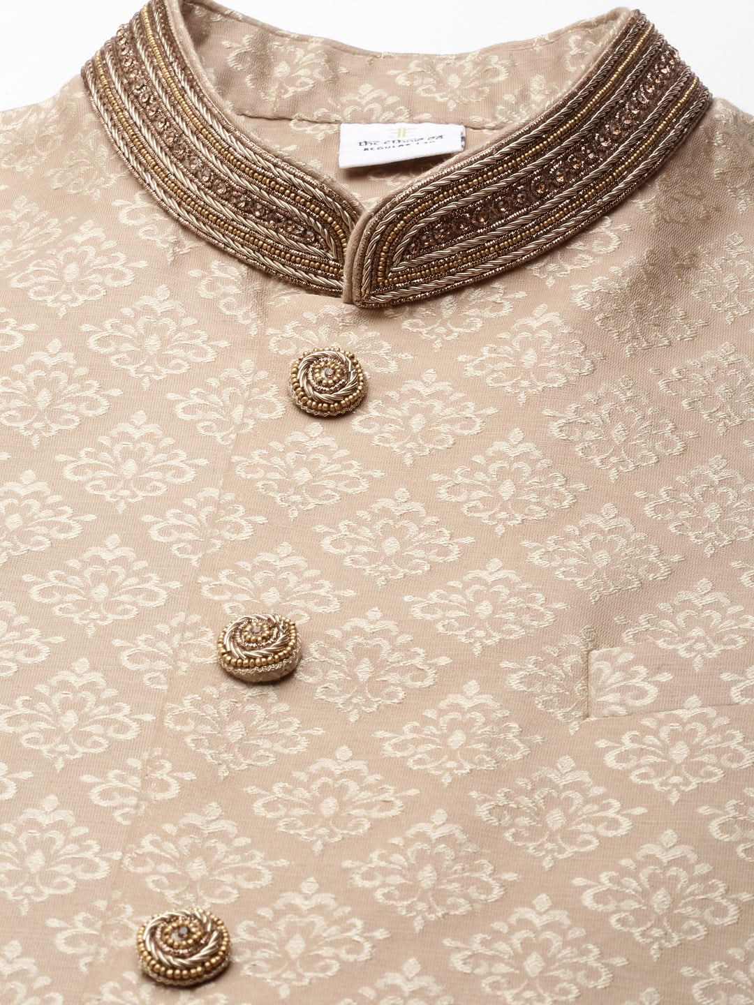 Beige Gold Jacquard Jacket W Ivory Kurta