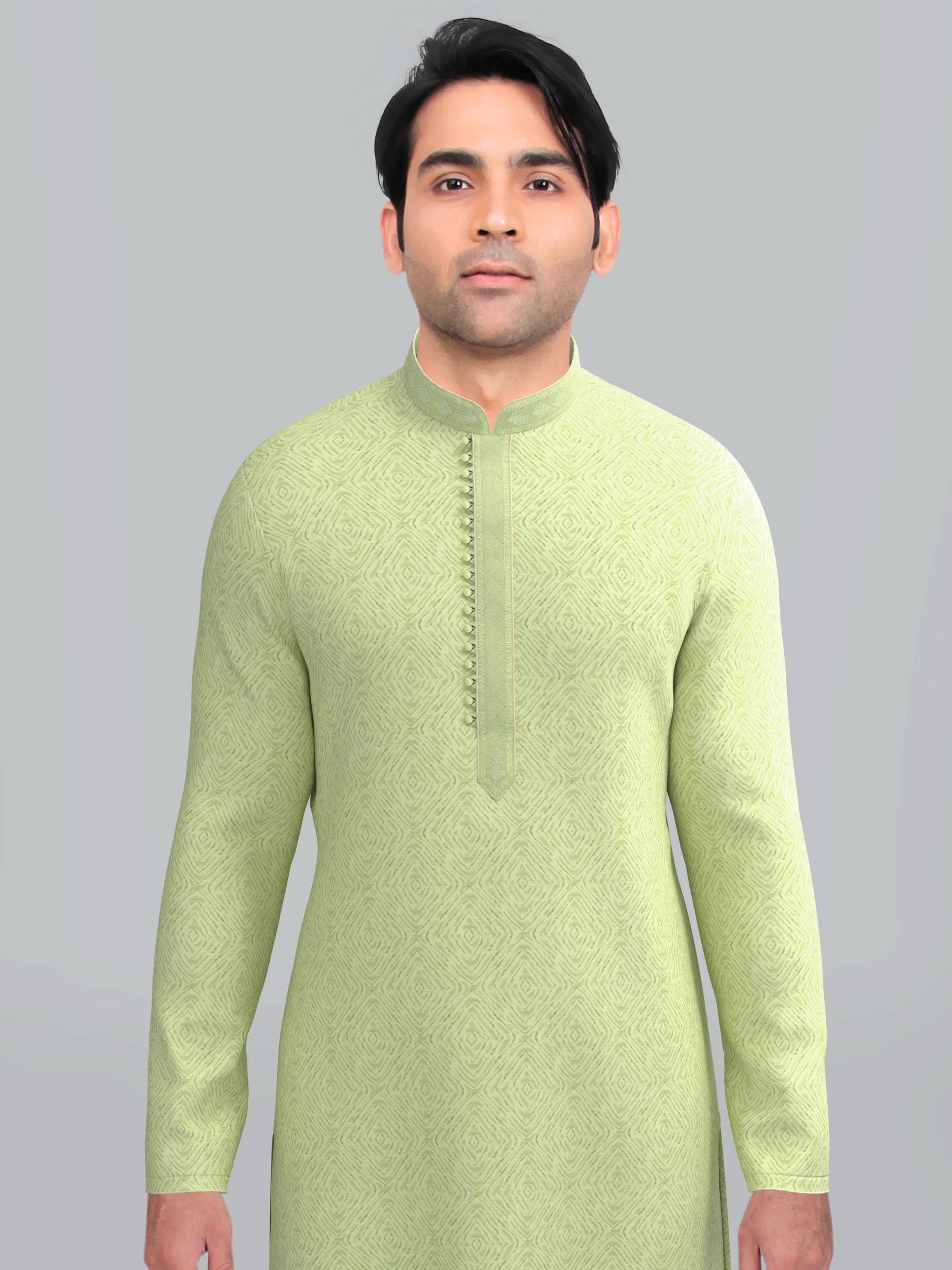 Green Art Silk Kurta Set with Shining Golden Khadi Print