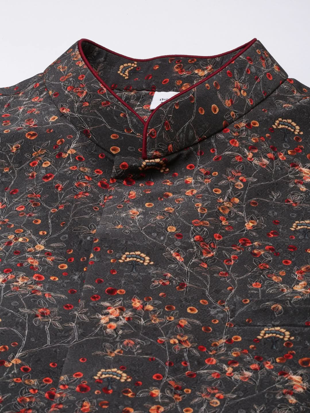 Charcoal Grey Printed Jacket With Maroon Kurta Set