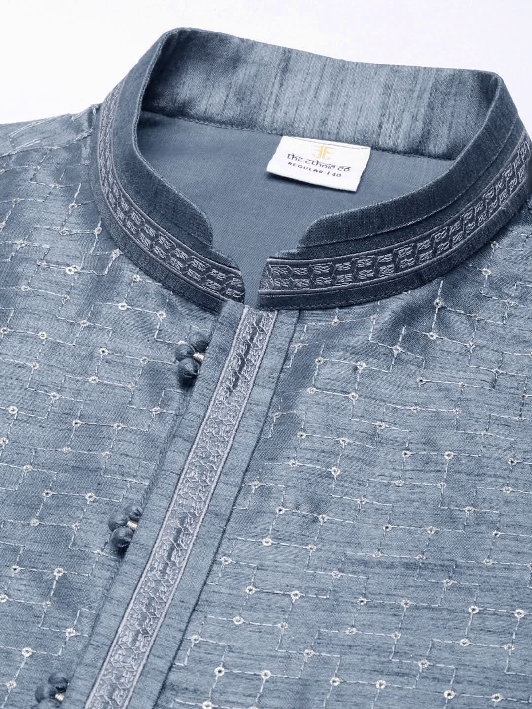 Grey Embroidered Silk Kurta Set