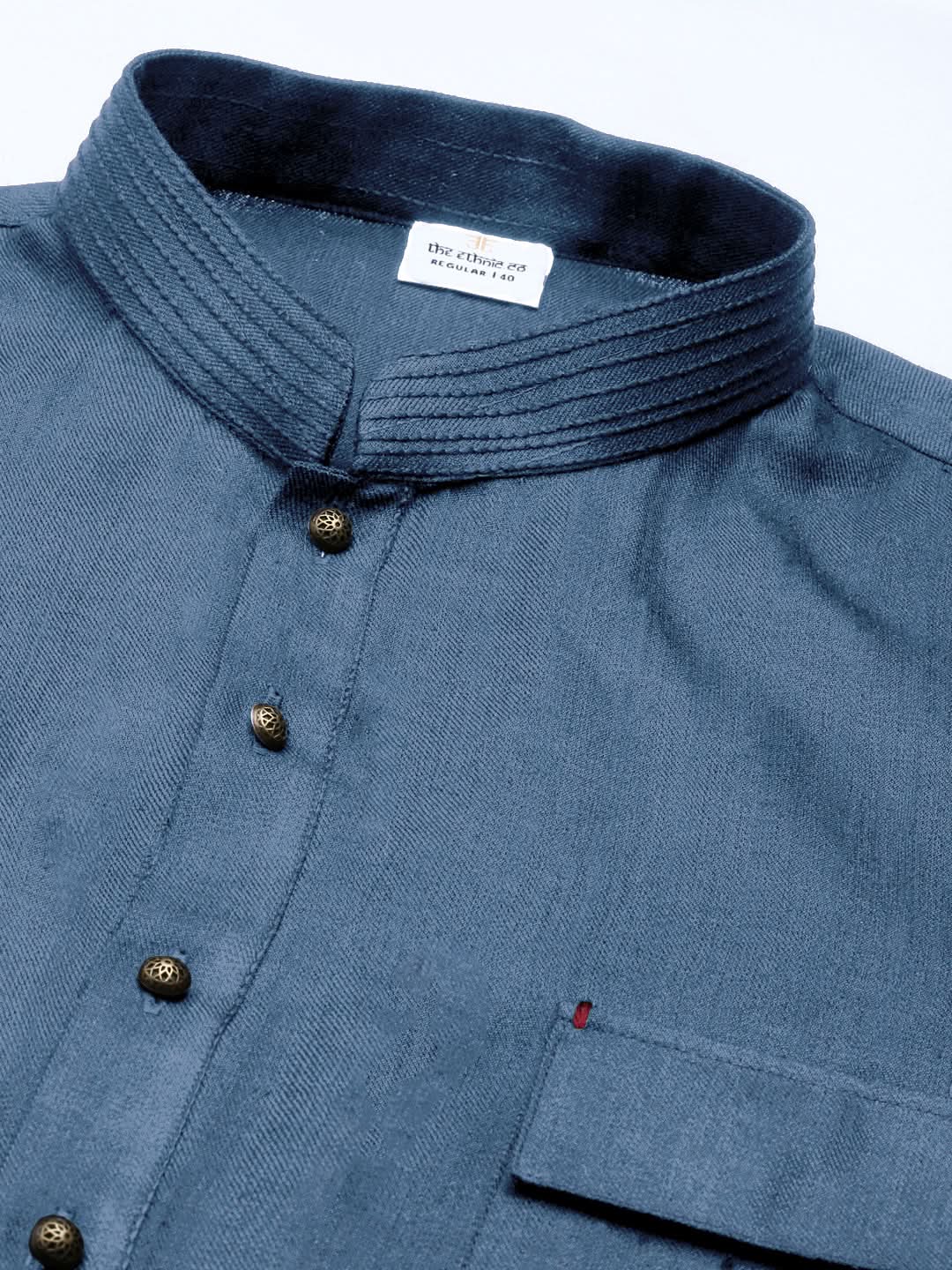 Denim Blue Cotton Pathani Kurta Set with Patch pocket