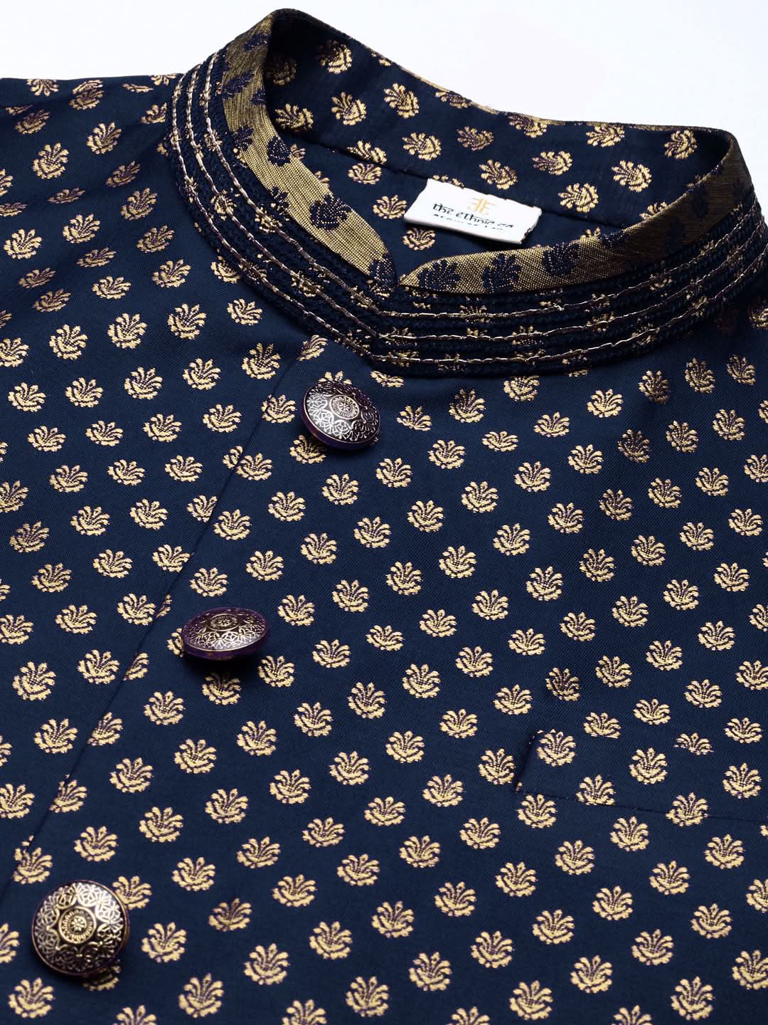 Navy Blue Brocade Jacket And Kurta Set