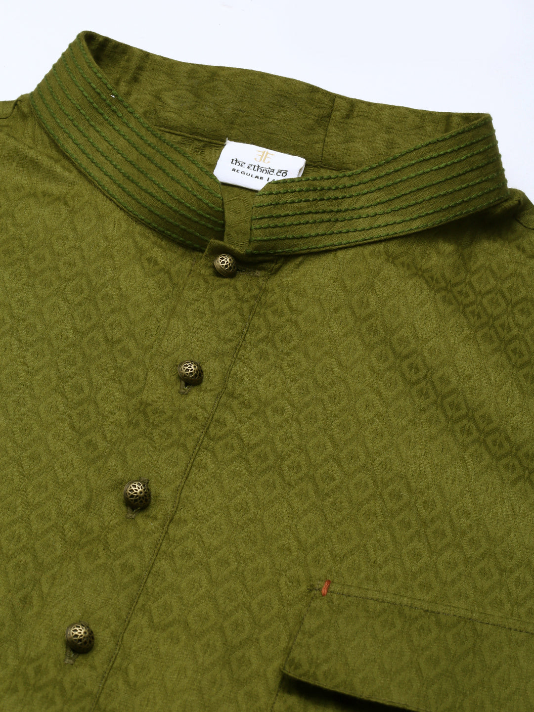 Green Cotton Pathani Kurta Set with Patch Pocket