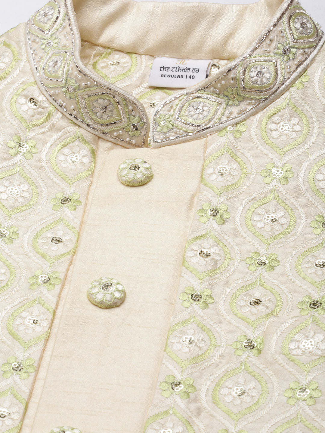 Cream Green Embroiderd Layered Long Jacket Kurta Set