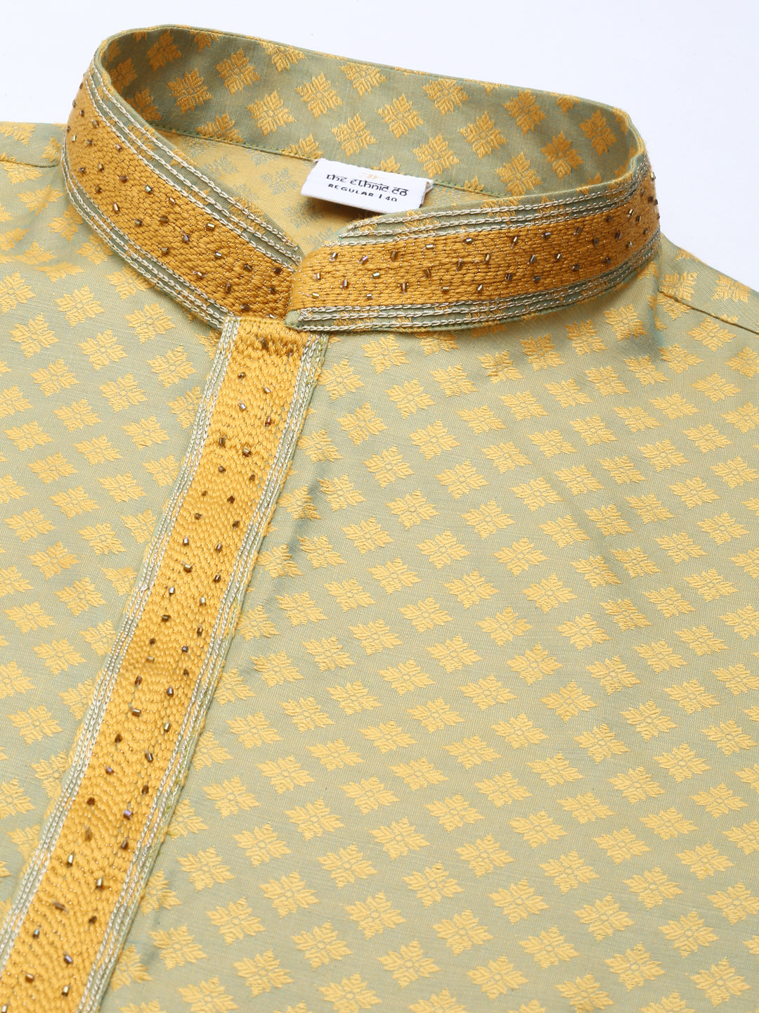 Greenish Yellow Silk Jacquard Kurta Set