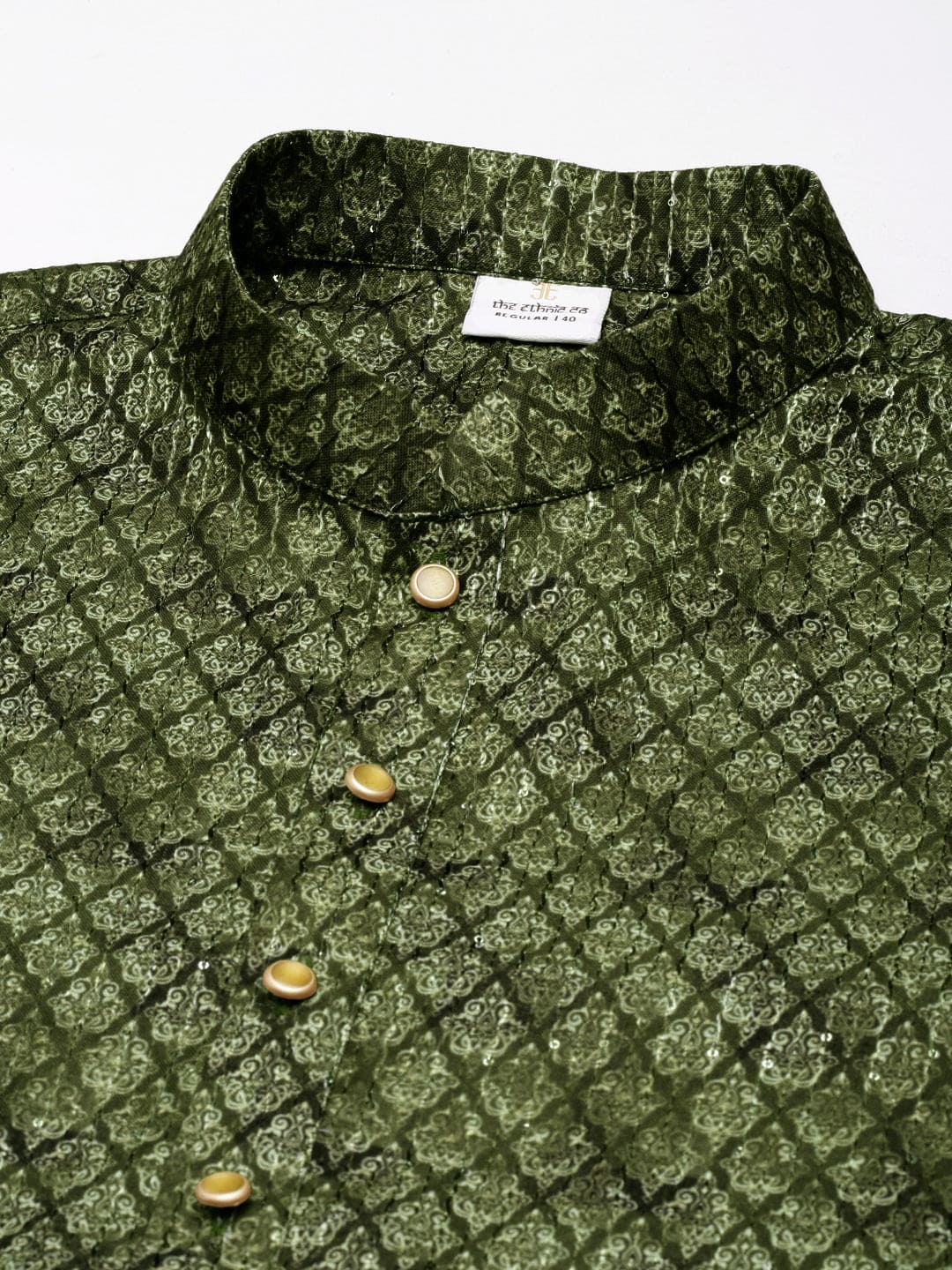 Olive Printed Sequin Embroidered Kurta Set