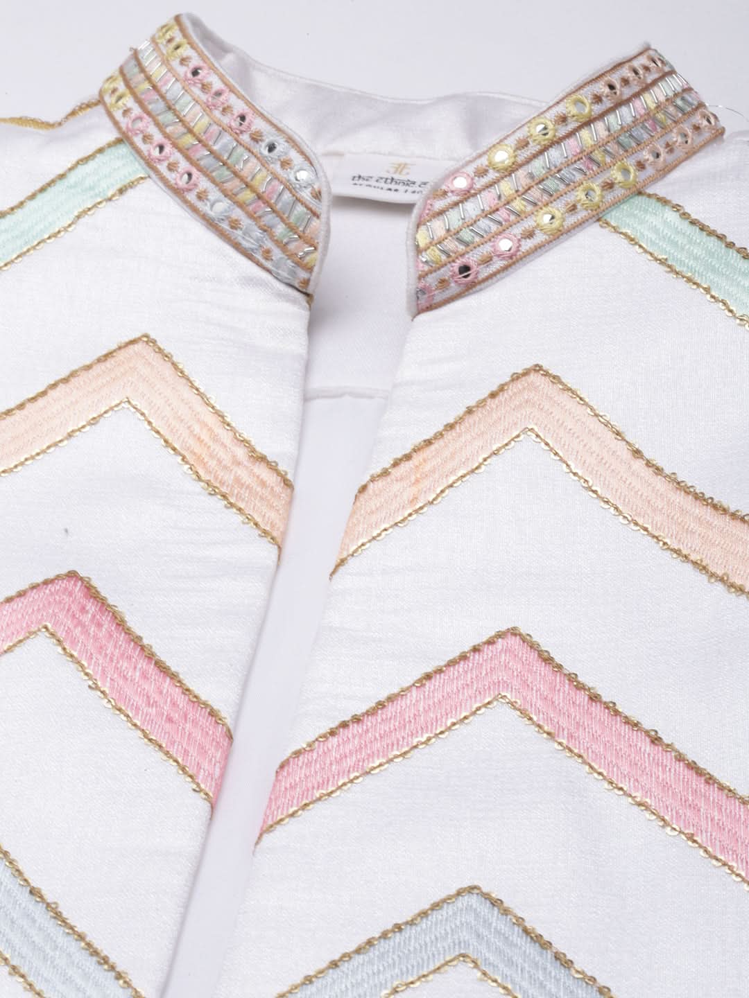 White Embroidered Open Indowestern Set