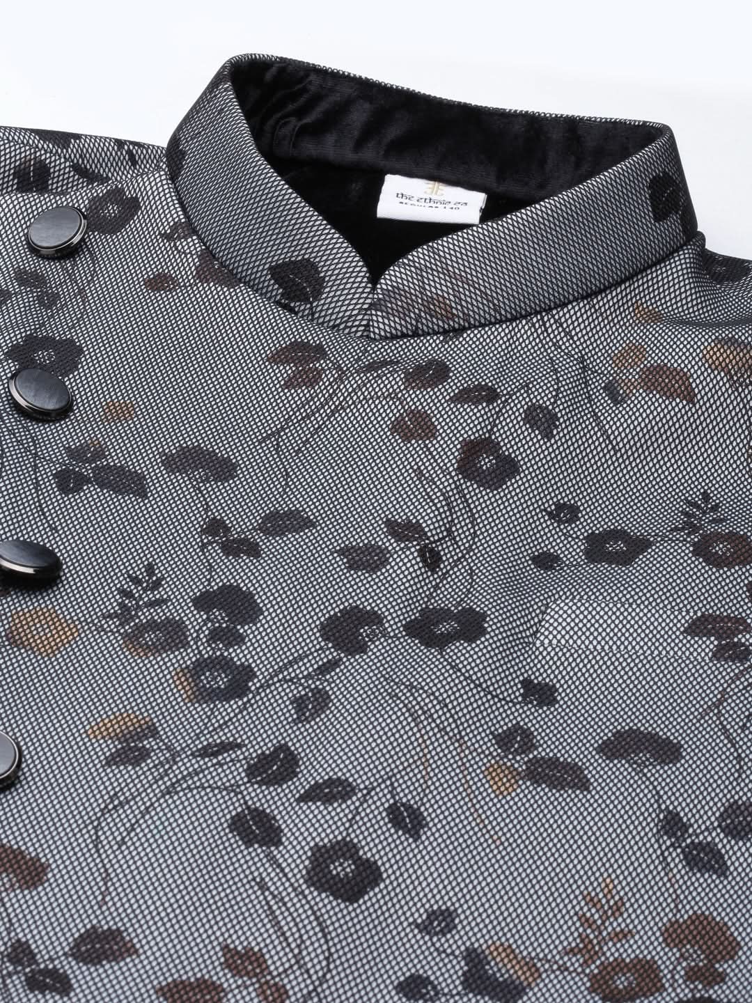 Black Net Printed Jacket With Black Kurta