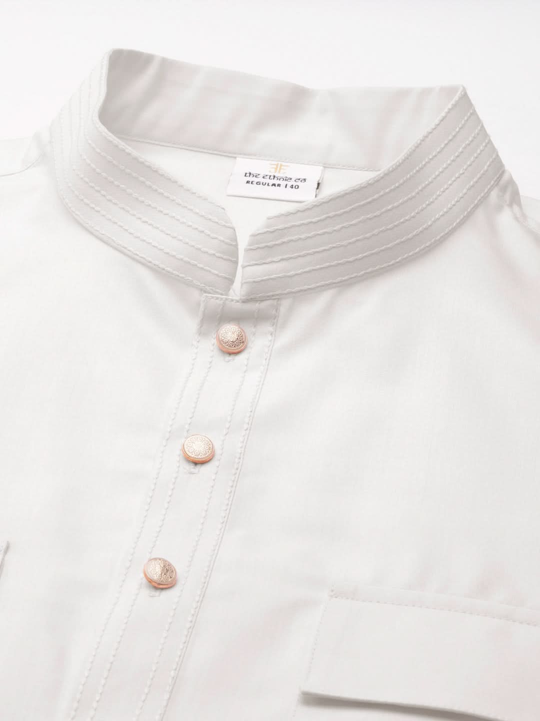 White Cotton Pathani Kurta Set with Patch pocket