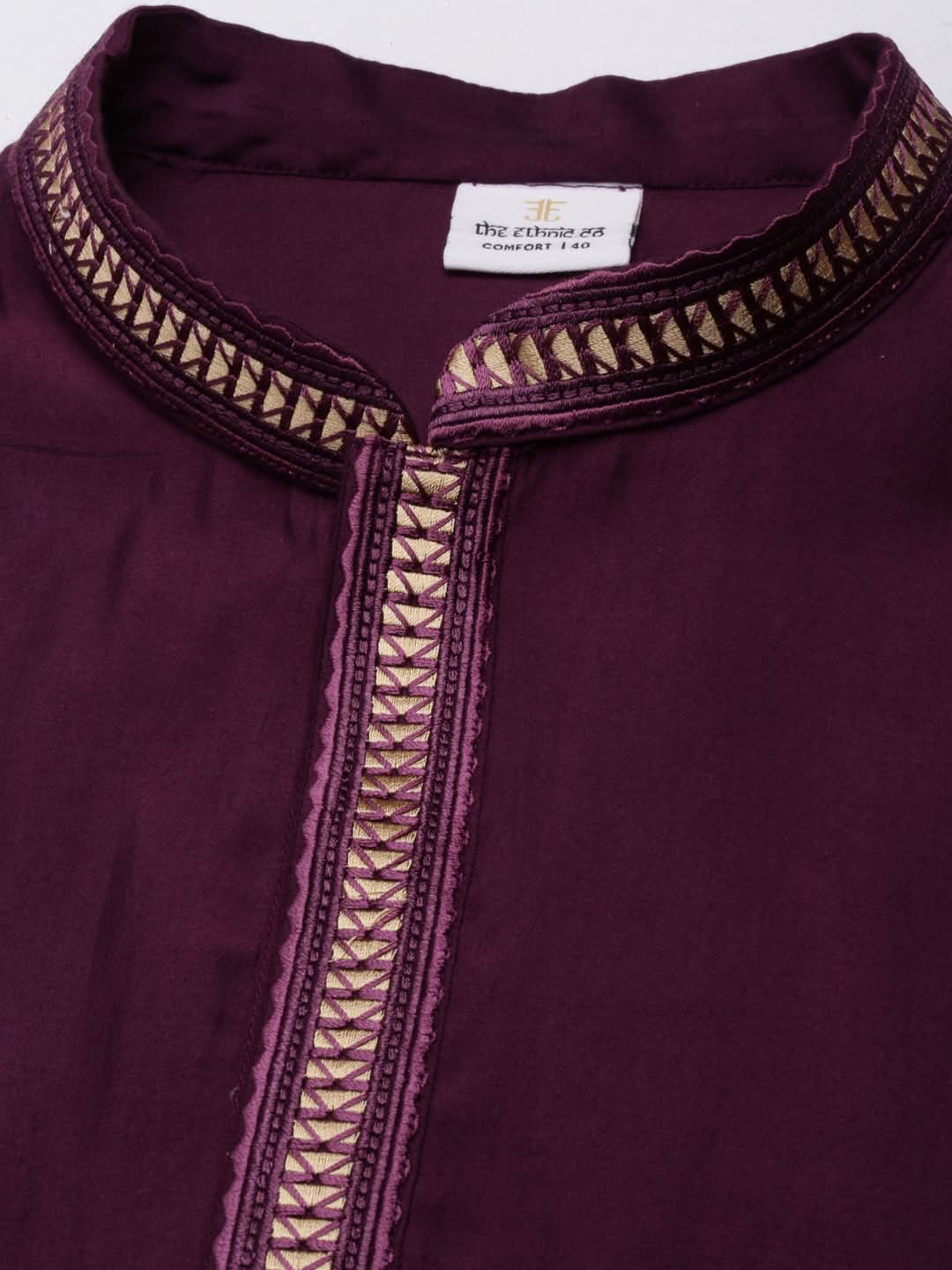 Wine Asymetric Embroidered Kurta Set