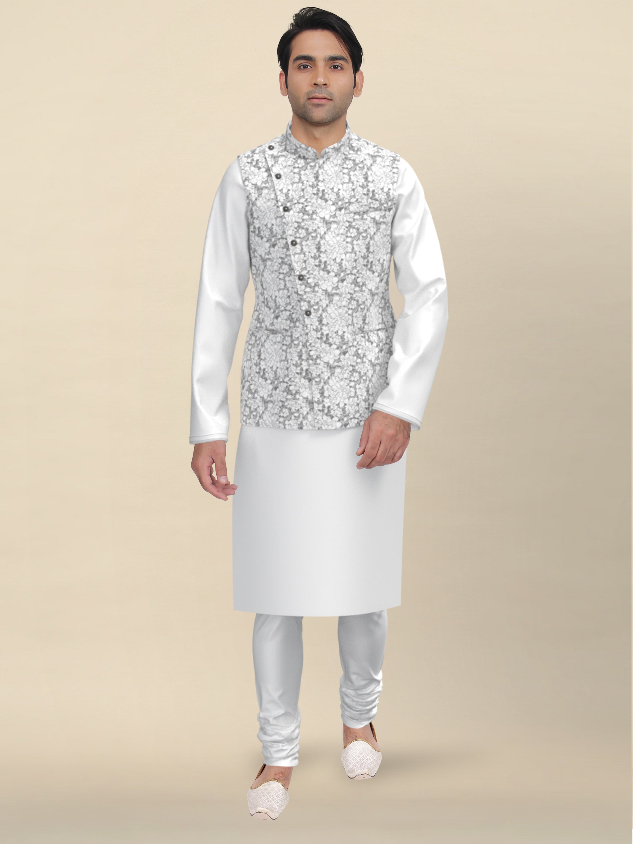Grey Textured Jacket with White Kurta
