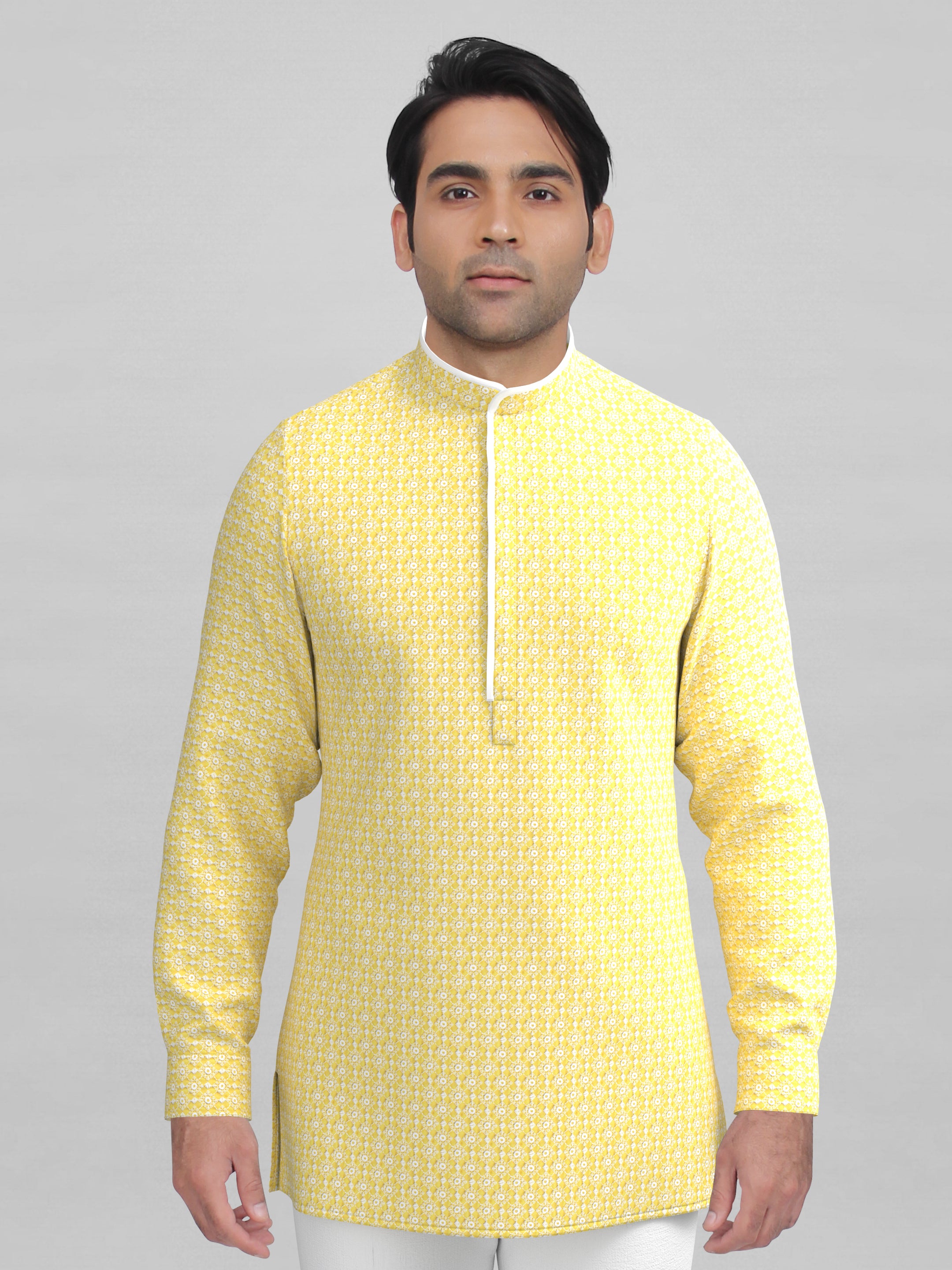 Yellow cotton embroidered Short Kurta