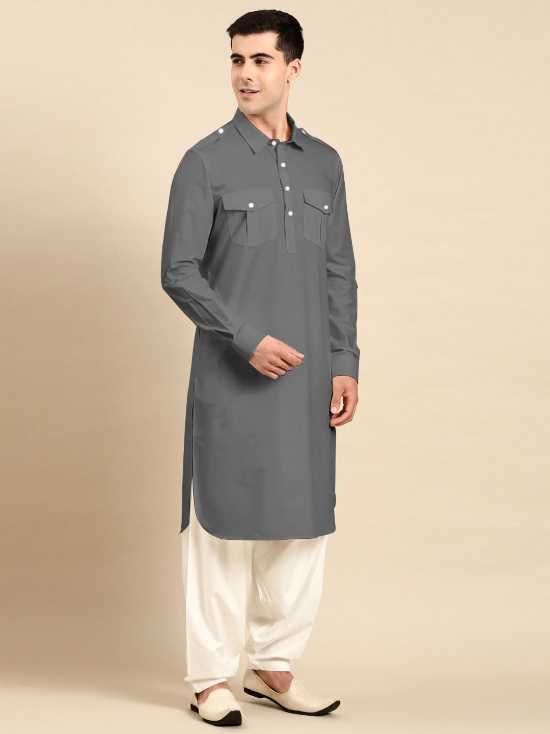 Grey fine Cotton Pathani with Salwar