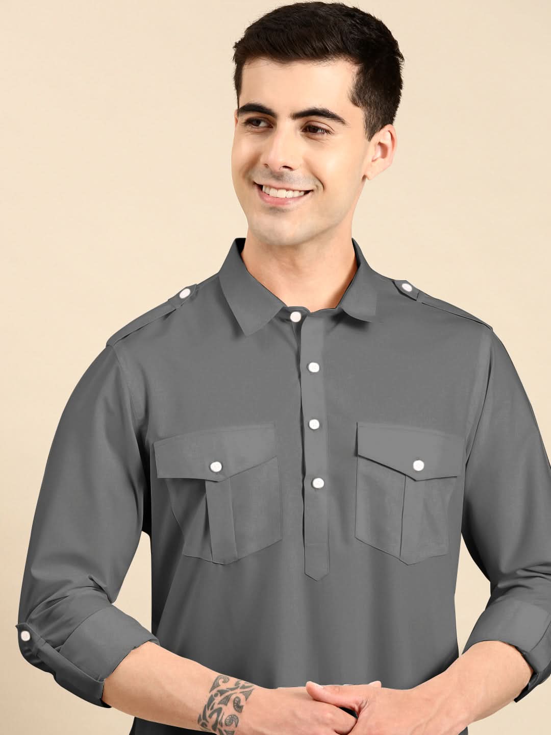 Grey fine Cotton Pathani with Salwar