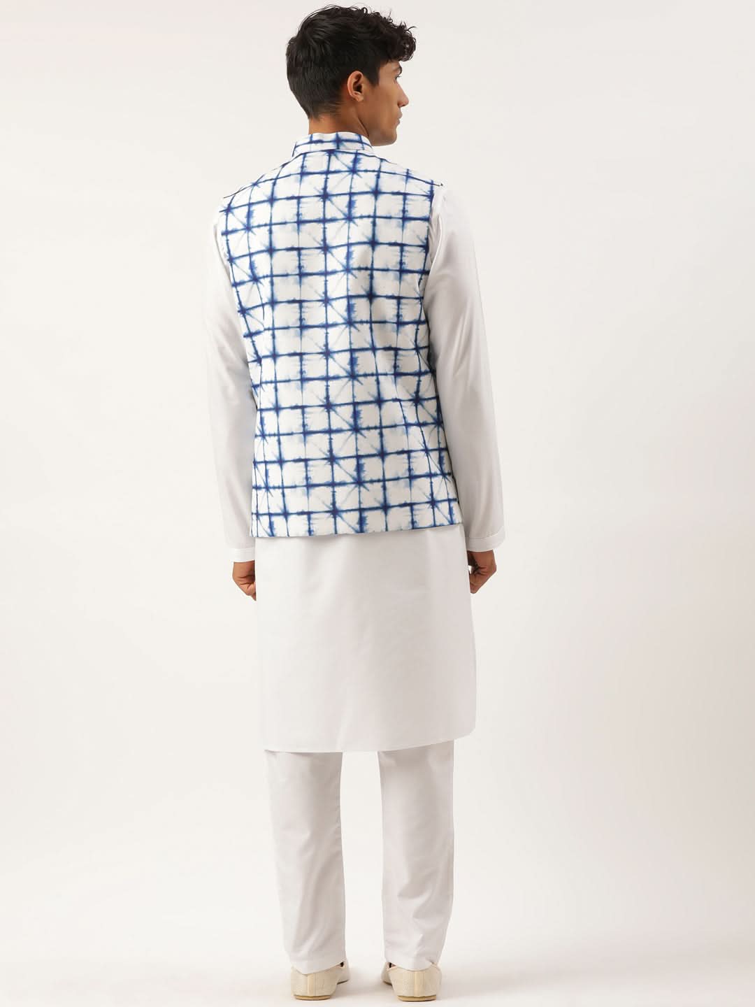White Cotton Blue Tie Dye Jacket with White Kurta