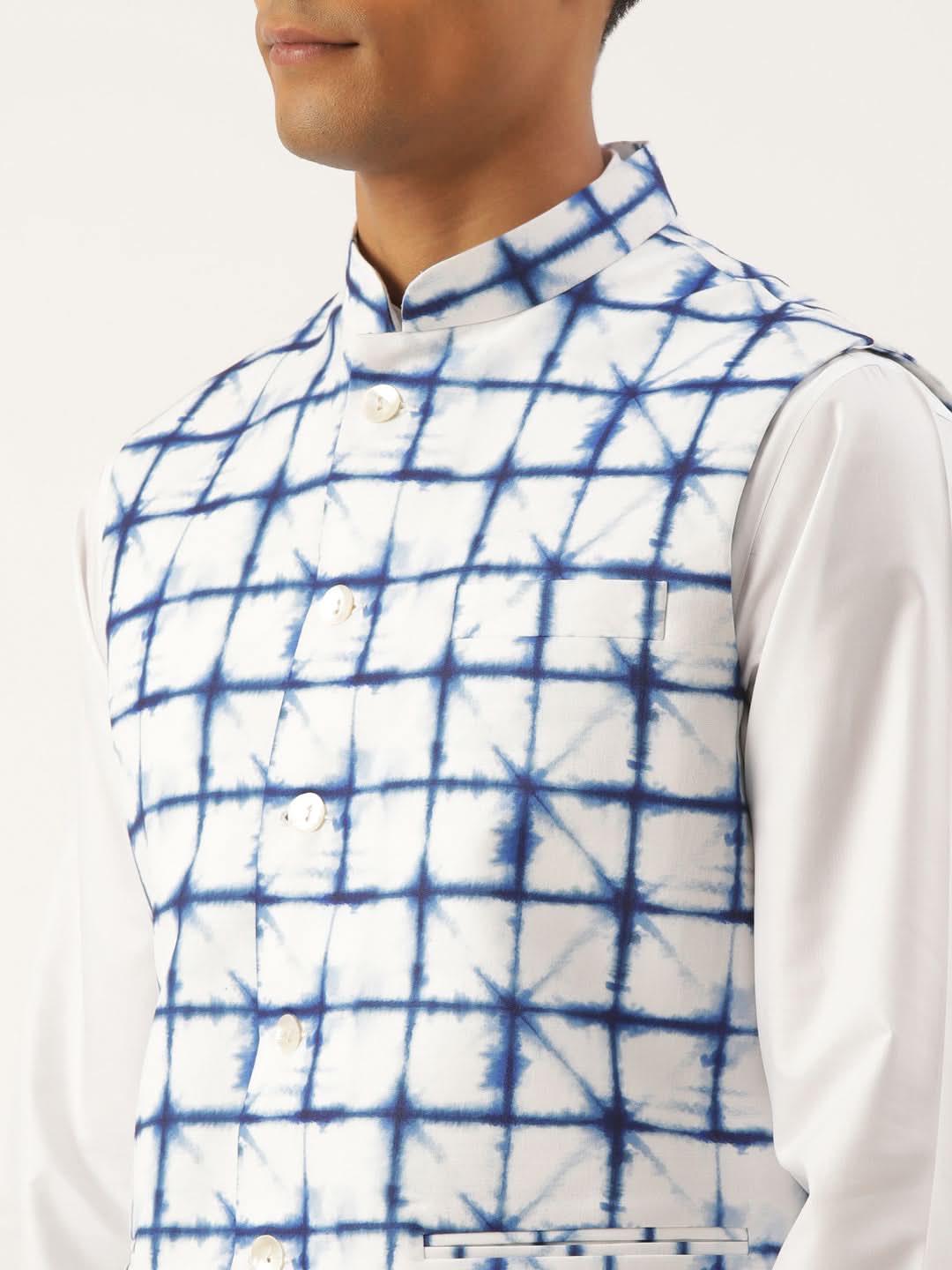 White Cotton Blue Tie Dye Jacket with White Kurta