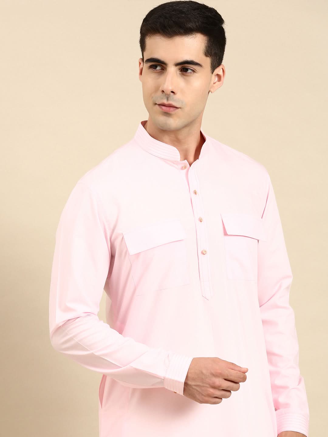Light Pink Cotton Pathani Kurta Set with Patch pocket