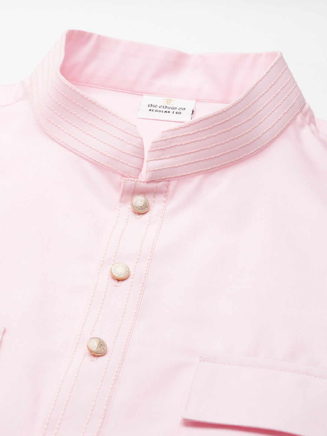 Light Pink Cotton Pathani Kurta Set with Patch pocket