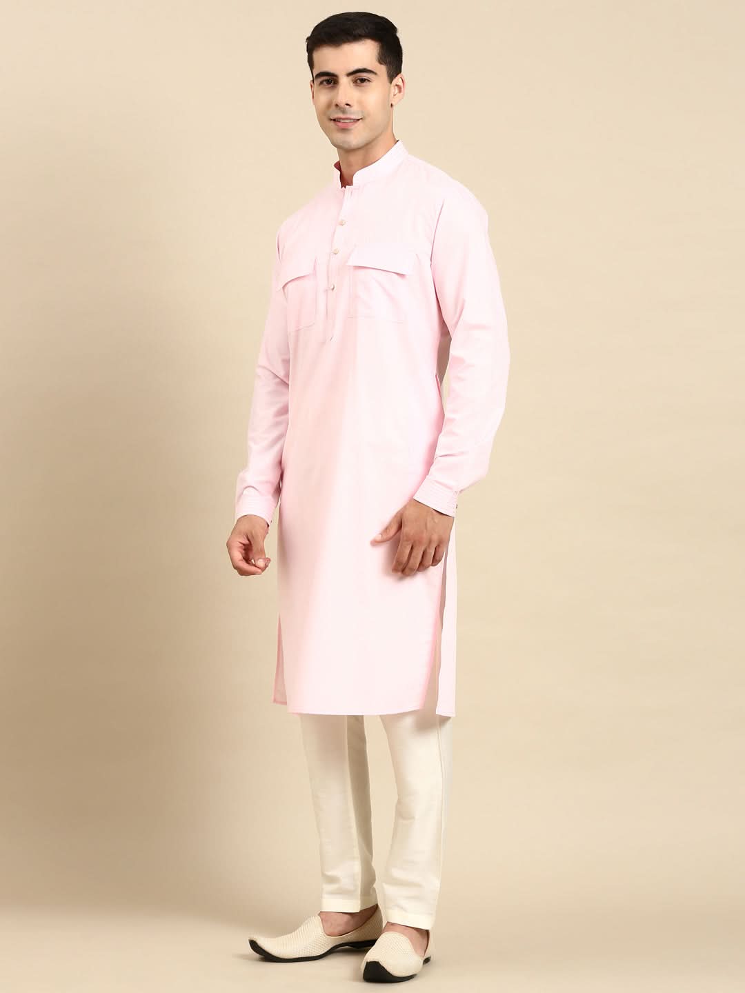 Light Pink Cotton Pathani Kurta Set with Patch pocket